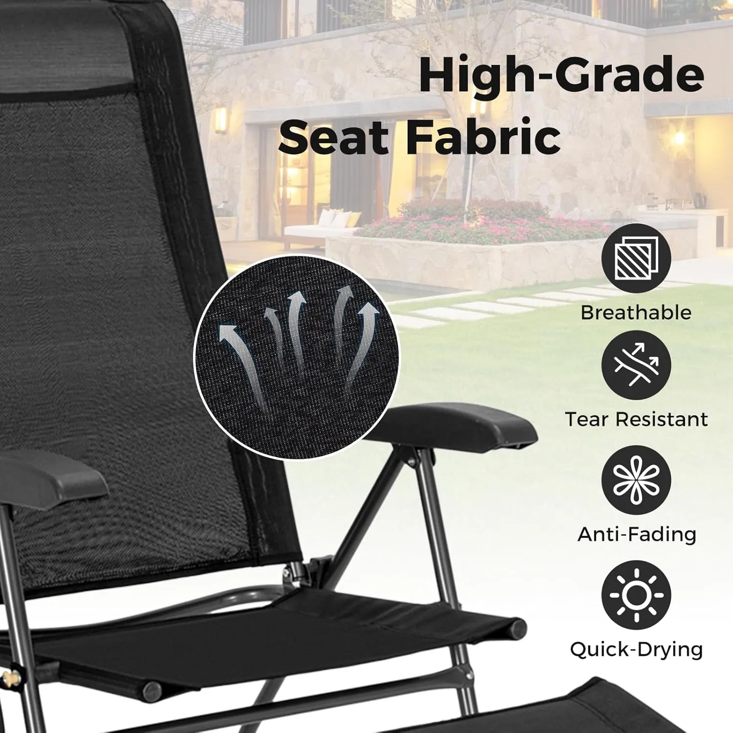 GYMAX Folding Camping Chair, Patio Recline Chair with Ottomans with 7-Level Adjustable Backrest & Back Pocket, Foldable Portable Lounge Chair with Stools for Backyard, Outdoor/Indoor (2, Black)