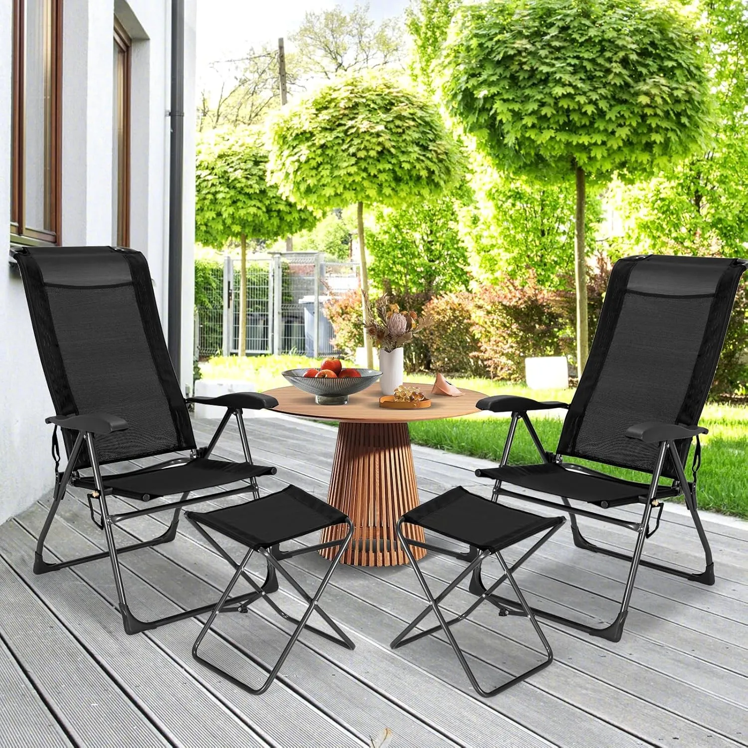 GYMAX Folding Camping Chair, Patio Recline Chair with Ottomans with 7-Level Adjustable Backrest & Back Pocket, Foldable Portable Lounge Chair with Stools for Backyard, Outdoor/Indoor (2, Black)