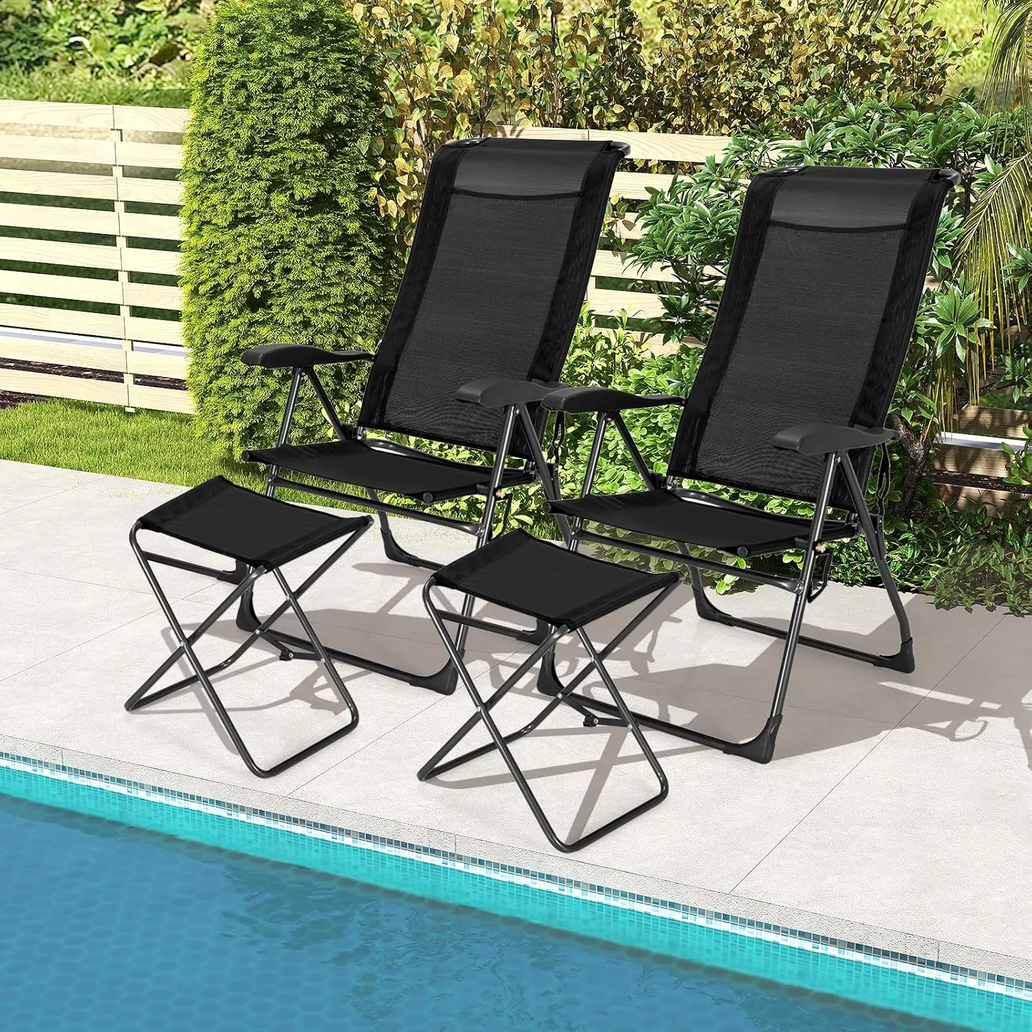 GYMAX Folding Camping Chair, Patio Recline Chair with Ottomans with 7-Level Adjustable Backrest & Back Pocket, Foldable Portable Lounge Chair with Stools for Backyard, Outdoor/Indoor (2, Black)