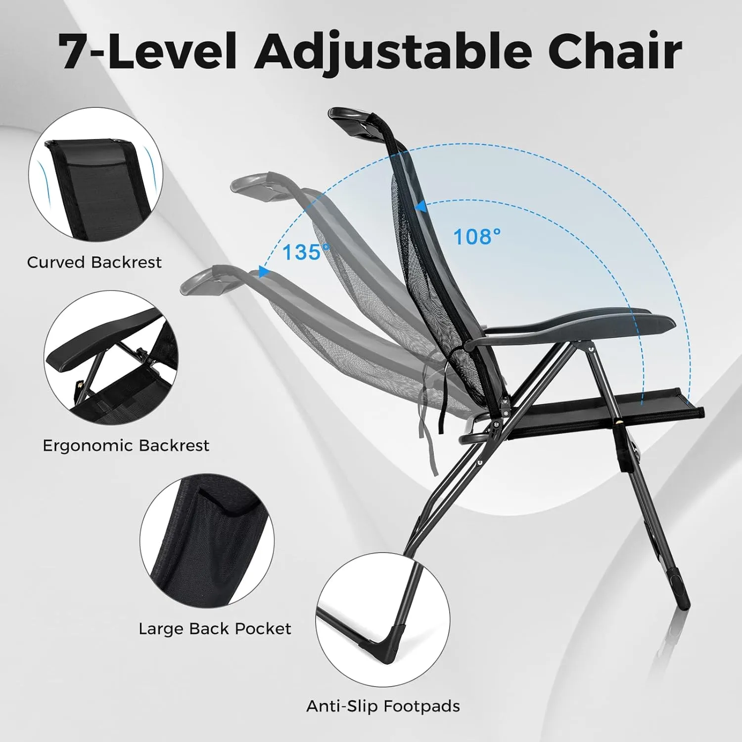 GYMAX Folding Camping Chair, Patio Recline Chair with Ottomans with 7-Level Adjustable Backrest & Back Pocket, Foldable Portable Lounge Chair with Stools for Backyard, Outdoor/Indoor (2, Black)