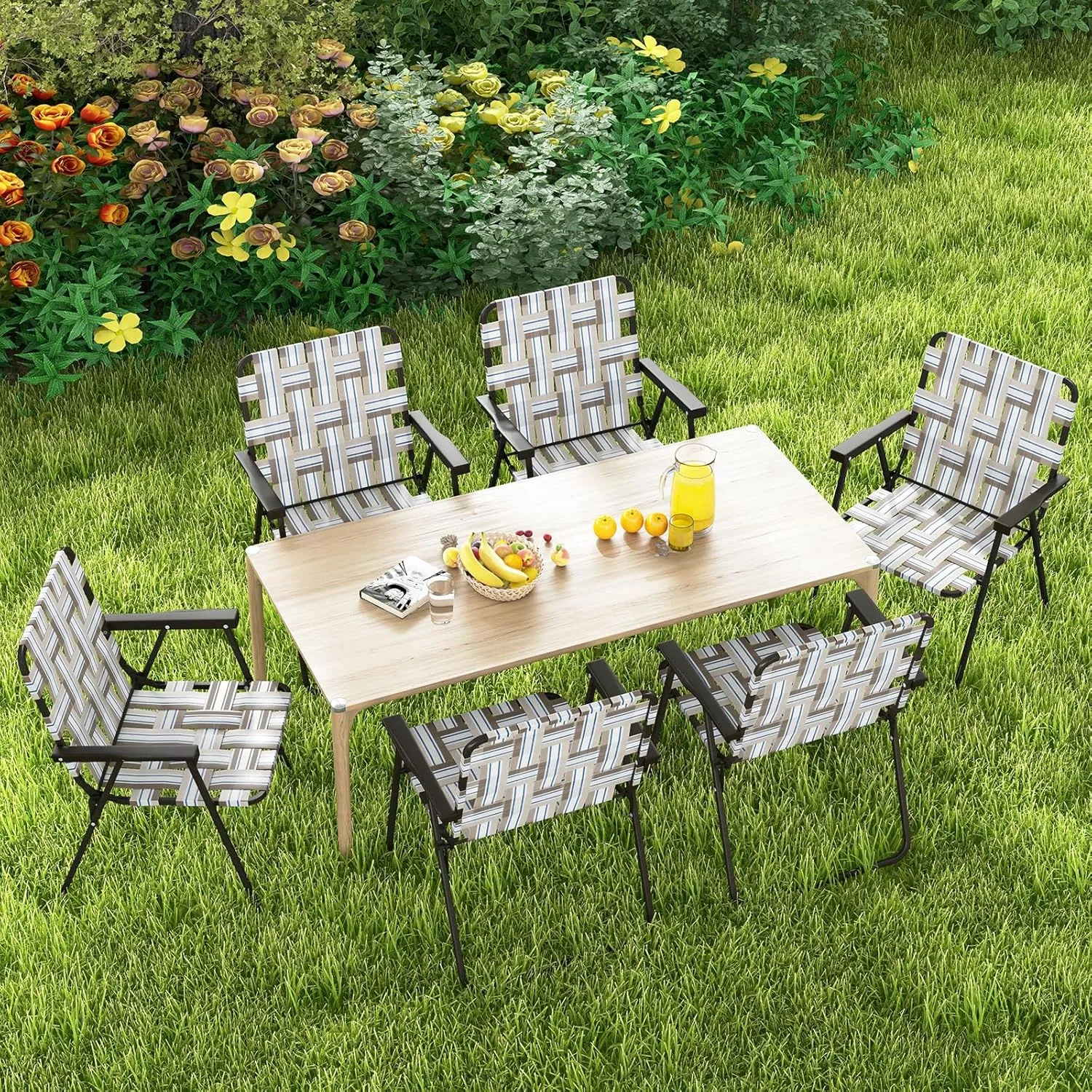 GYMAX Folding Chair, Patio Lawn Chair Set with Armrest, Indoor/Outdoor 6 Pack Webbed Lightweight Dinning Chair, Portable Beach Chair for Outside, Poolside, Backyard (Coffee, 6)