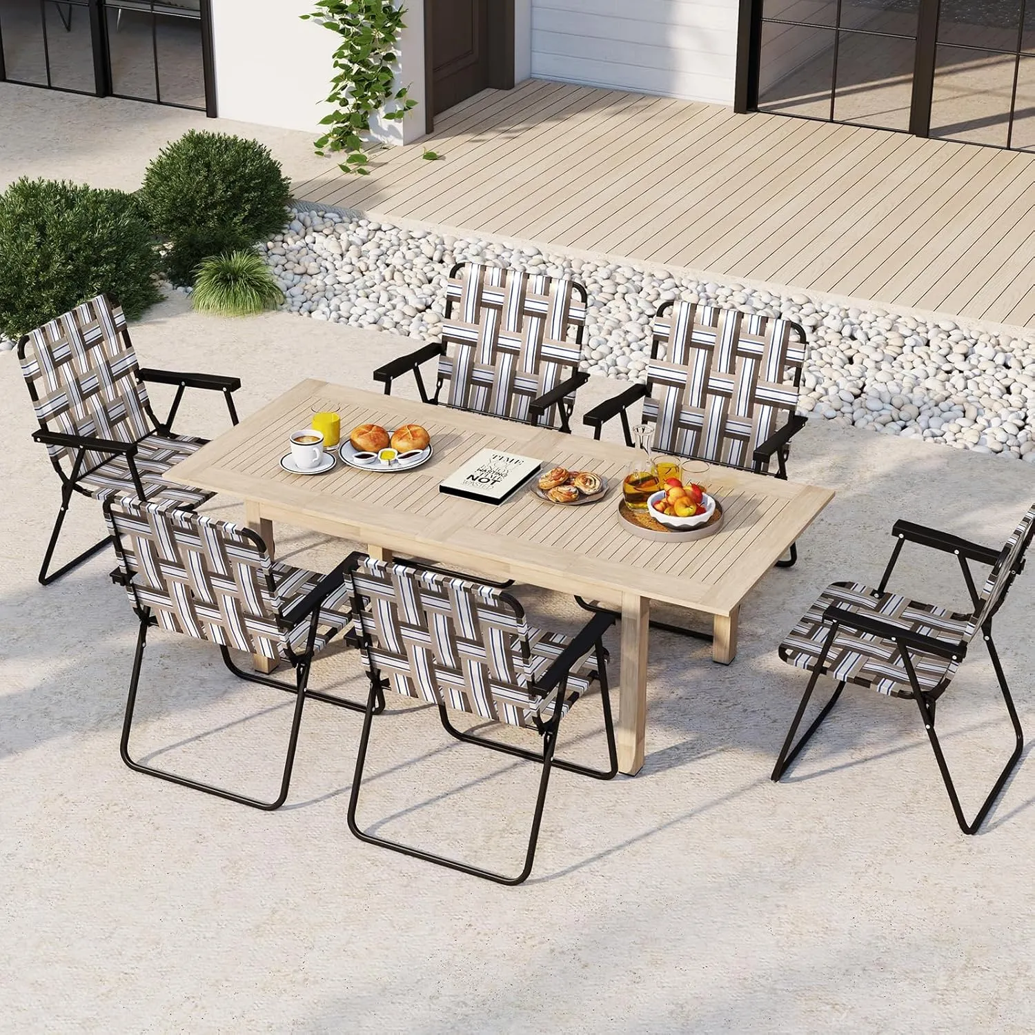 GYMAX Folding Chair, Patio Lawn Chair Set with Armrest, Indoor/Outdoor 6 Pack Webbed Lightweight Dinning Chair, Portable Beach Chair for Outside, Poolside, Backyard (Coffee, 6)
