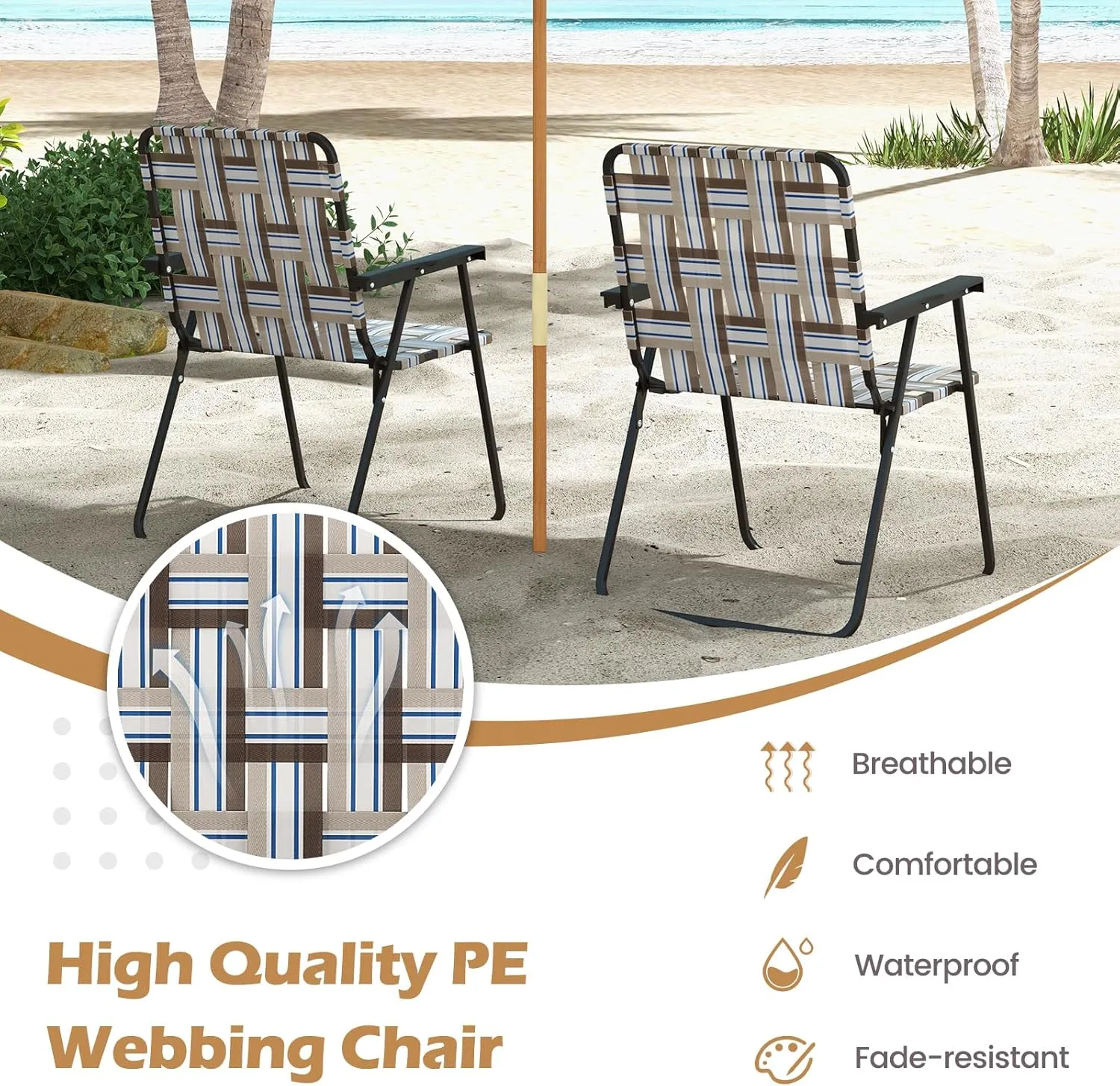 GYMAX Folding Chair, Patio Lawn Chair Set with Armrest, Indoor/Outdoor 6 Pack Webbed Lightweight Dinning Chair, Portable Beach Chair for Outside, Poolside, Backyard (Coffee, 6)