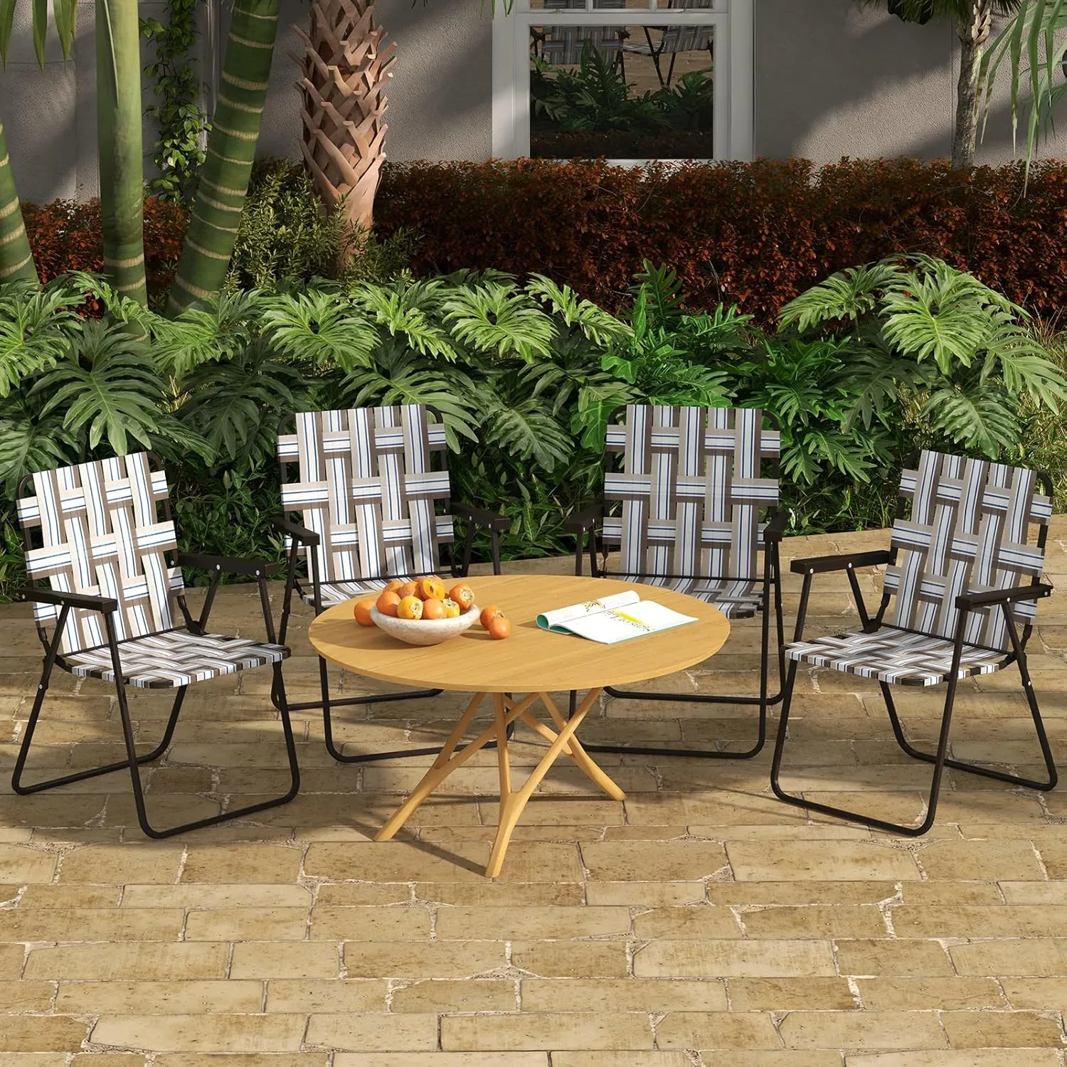 GYMAX Folding Chair, Patio Lawn Chair Set with Armrest, Indoor/Outdoor 6 Pack Webbed Lightweight Dinning Chair, Portable Beach Chair for Outside, Poolside, Backyard (Coffee, 6)