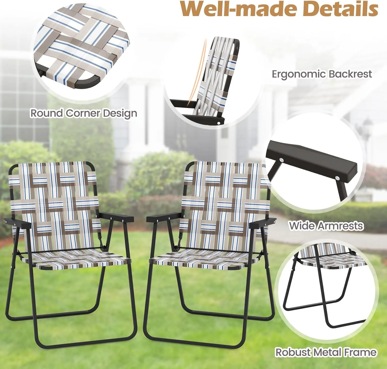 GYMAX Folding Chair, Patio Lawn Chair Set with Armrest, Indoor/Outdoor 6 Pack Webbed Lightweight Dinning Chair, Portable Beach Chair for Outside, Poolside, Backyard (Coffee, 6)