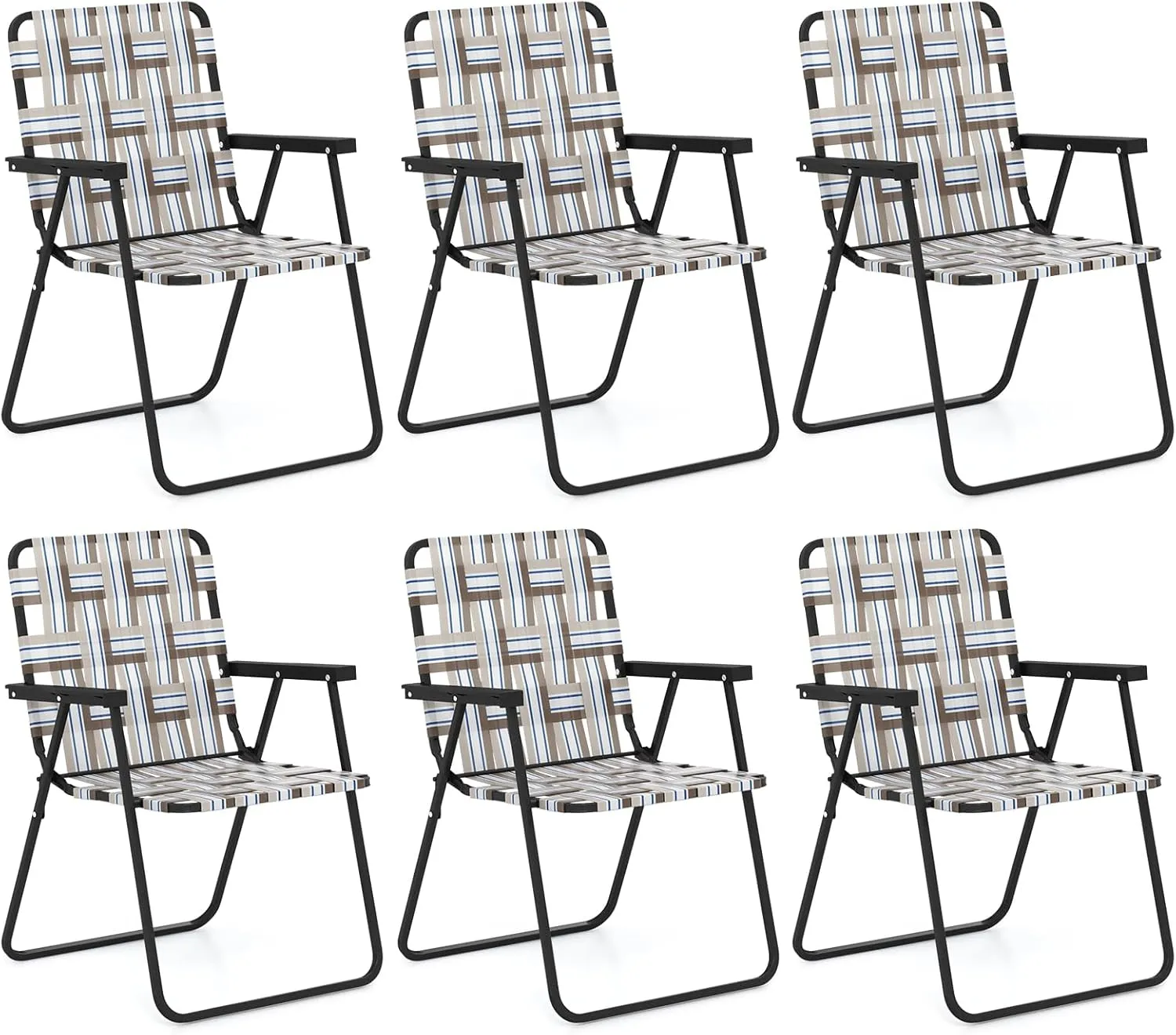 GYMAX Folding Chair, Patio Lawn Chair Set with Armrest, Indoor/Outdoor 6 Pack Webbed Lightweight Dinning Chair, Portable Beach Chair for Outside, Poolside, Backyard (Coffee, 6)