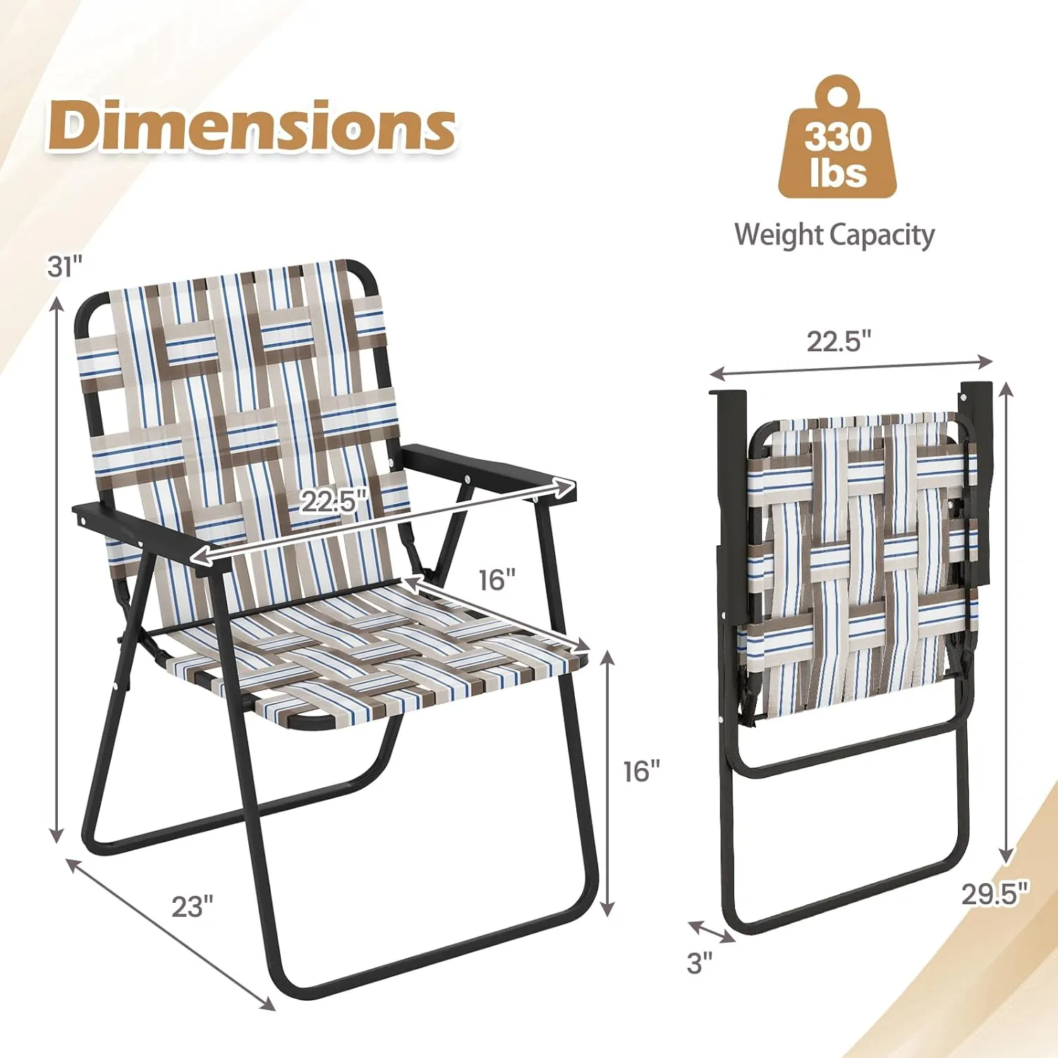 GYMAX Folding Chair, Patio Lawn Chair Set with Armrest, Indoor/Outdoor 6 Pack Webbed Lightweight Dinning Chair, Portable Beach Chair for Outside, Poolside, Backyard (Coffee, 6)