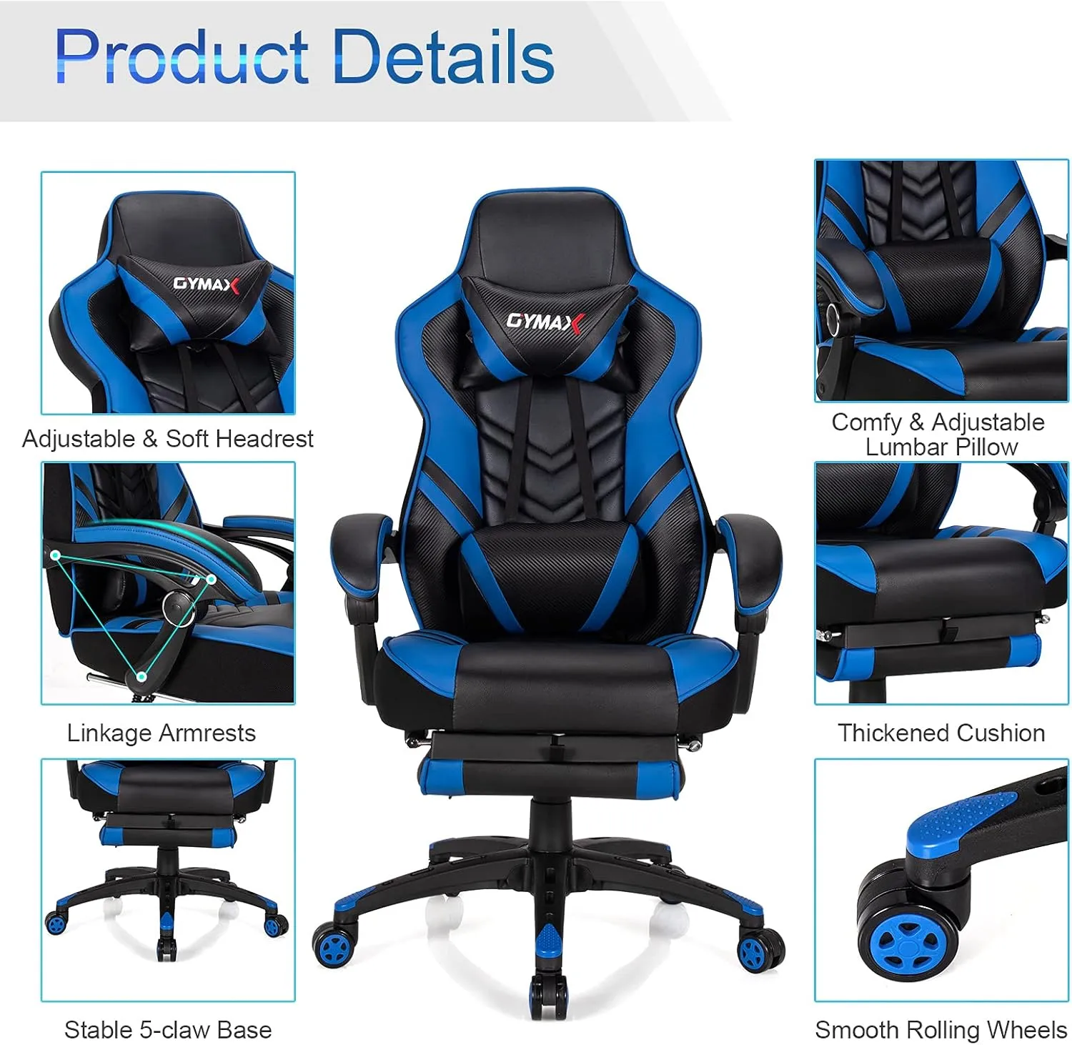 GYMAX Gaming Chair, Ergonomic Computer Chair with Footrest, Linkage Armrests & Lumbar Cushion, Big Wide High Back Video Gaming Chair, Reclining Office Rolling Chair for Adult/Teens (Blue)