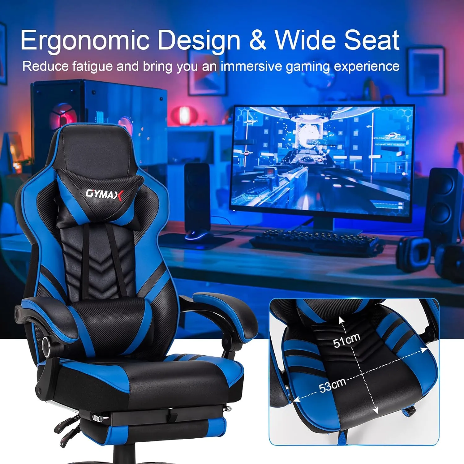 GYMAX Gaming Chair, Ergonomic Computer Chair with Footrest, Linkage Armrests & Lumbar Cushion, Big Wide High Back Video Gaming Chair, Reclining Office Rolling Chair for Adult/Teens (Blue)