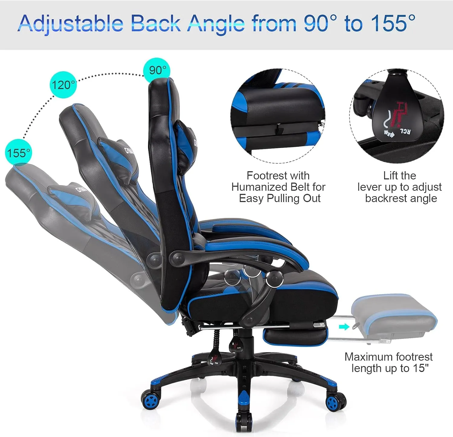 GYMAX Gaming Chair, Ergonomic Computer Chair with Footrest, Linkage Armrests & Lumbar Cushion, Big Wide High Back Video Gaming Chair, Reclining Office Rolling Chair for Adult/Teens (Blue)