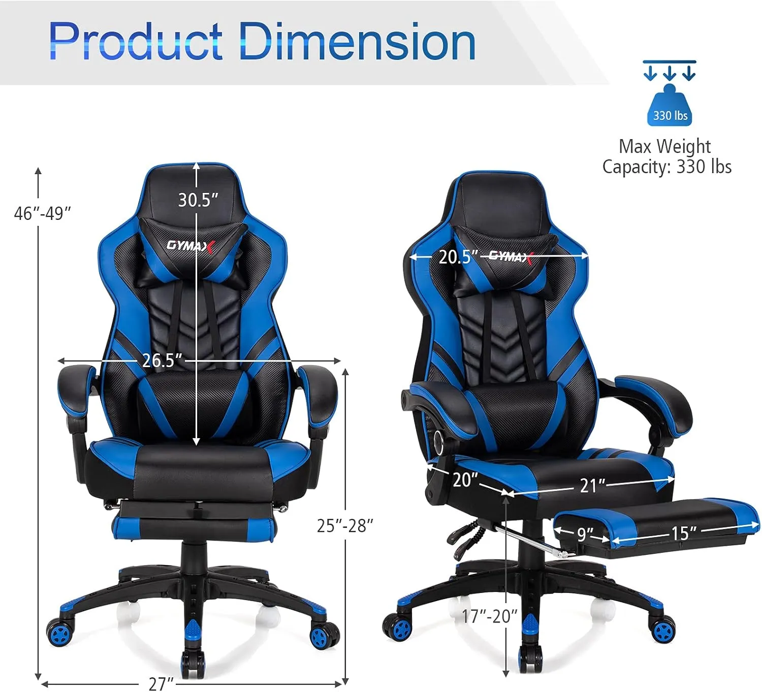 GYMAX Gaming Chair, Ergonomic Computer Chair with Footrest, Linkage Armrests & Lumbar Cushion, Big Wide High Back Video Gaming Chair, Reclining Office Rolling Chair for Adult/Teens (Blue)