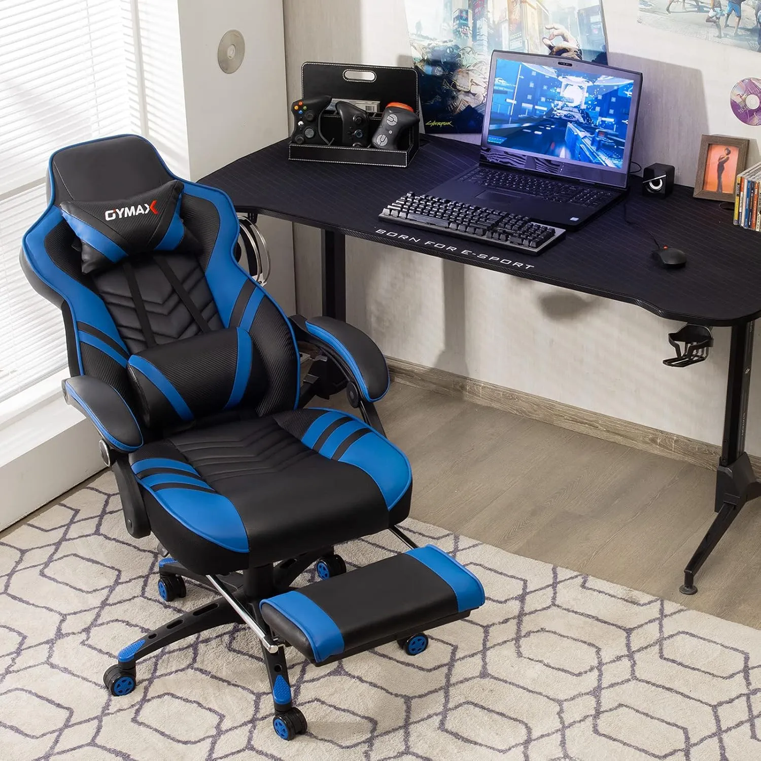 GYMAX Gaming Chair, Ergonomic Computer Chair with Footrest, Linkage Armrests & Lumbar Cushion, Big Wide High Back Video Gaming Chair, Reclining Office Rolling Chair for Adult/Teens (Blue)