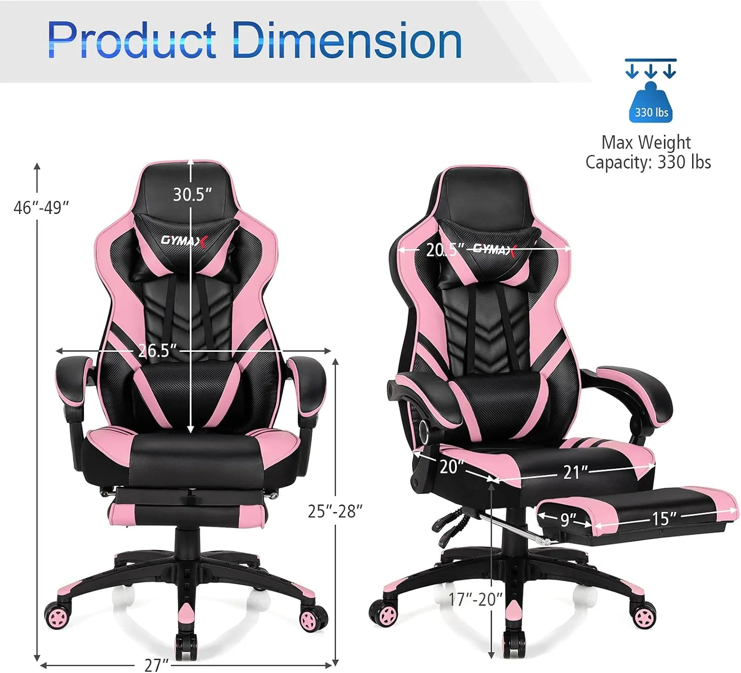 GYMAX Gaming Chair, Ergonomic Computer Chair with Footrest, Linkage Armrests & Lumbar Cushion, Big Wide High Back Video Gaming Chair, Reclining Office Rolling Chair for Adult/Teens (Pink)