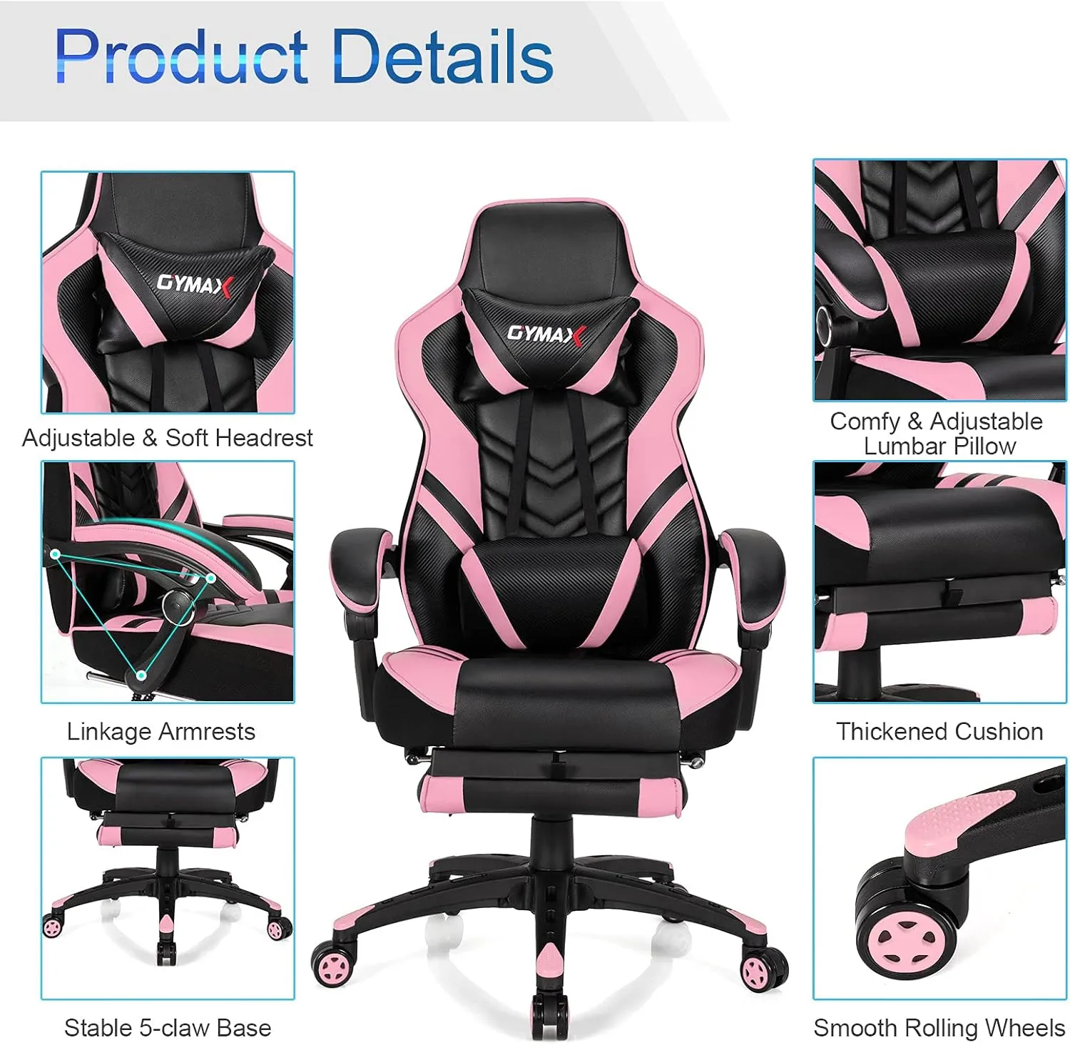 GYMAX Gaming Chair, Ergonomic Computer Chair with Footrest, Linkage Armrests & Lumbar Cushion, Big Wide High Back Video Gaming Chair, Reclining Office Rolling Chair for Adult/Teens (Pink)