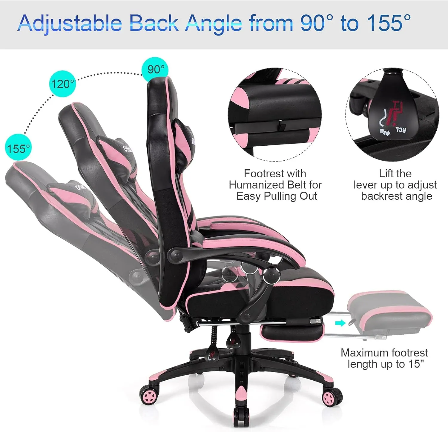 GYMAX Gaming Chair, Ergonomic Computer Chair with Footrest, Linkage Armrests & Lumbar Cushion, Big Wide High Back Video Gaming Chair, Reclining Office Rolling Chair for Adult/Teens (Pink)
