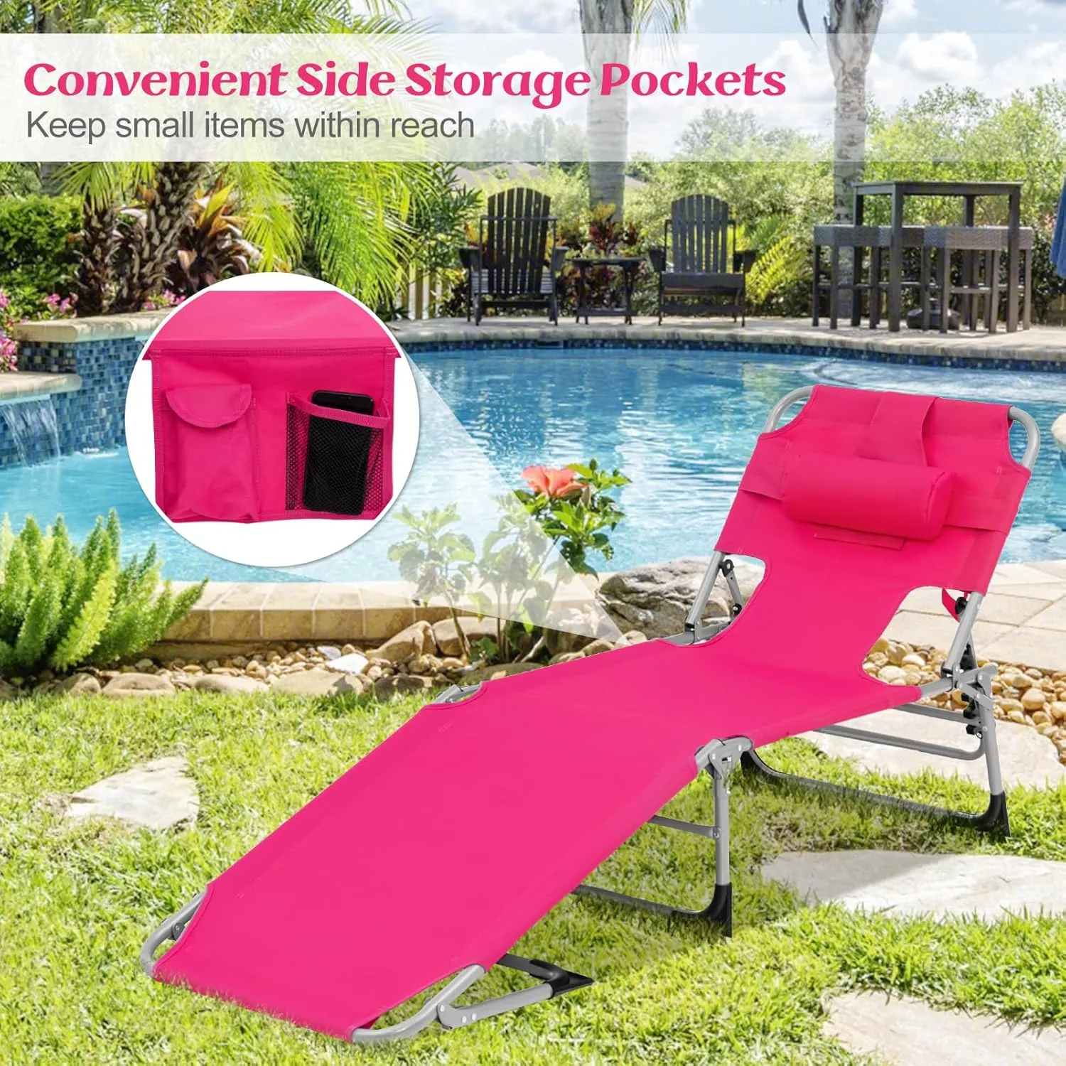 GYMAX Tanning Chair, Folding Lounger with Face/Arm Holes, Carry Handles & Side Pocket, Portable Lightweight Layout Beach Chair for Outdoor/Indoor, Face Down Sun Lounger (1, Pink)
