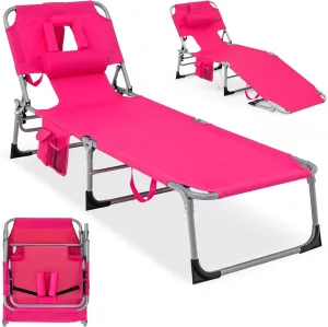 GYMAX Tanning Chair, Folding Lounger with Face/Arm Holes, Carry Handles & Side Pocket, Portable Lightweight Layout Beach Chair for Outdoor/Indoor, Face Down Sun Lounger (1, Pink)