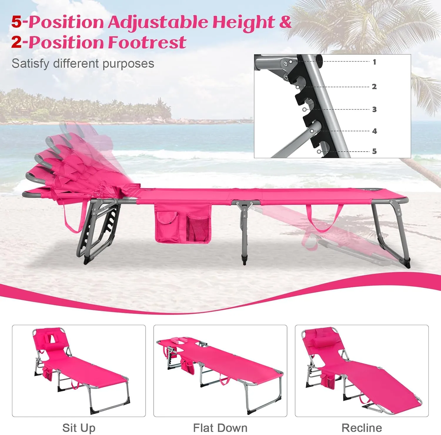 GYMAX Tanning Chair, Folding Lounger with Face/Arm Holes, Carry Handles & Side Pocket, Portable Lightweight Layout Beach Chair for Outdoor/Indoor, Face Down Sun Lounger (1, Pink)