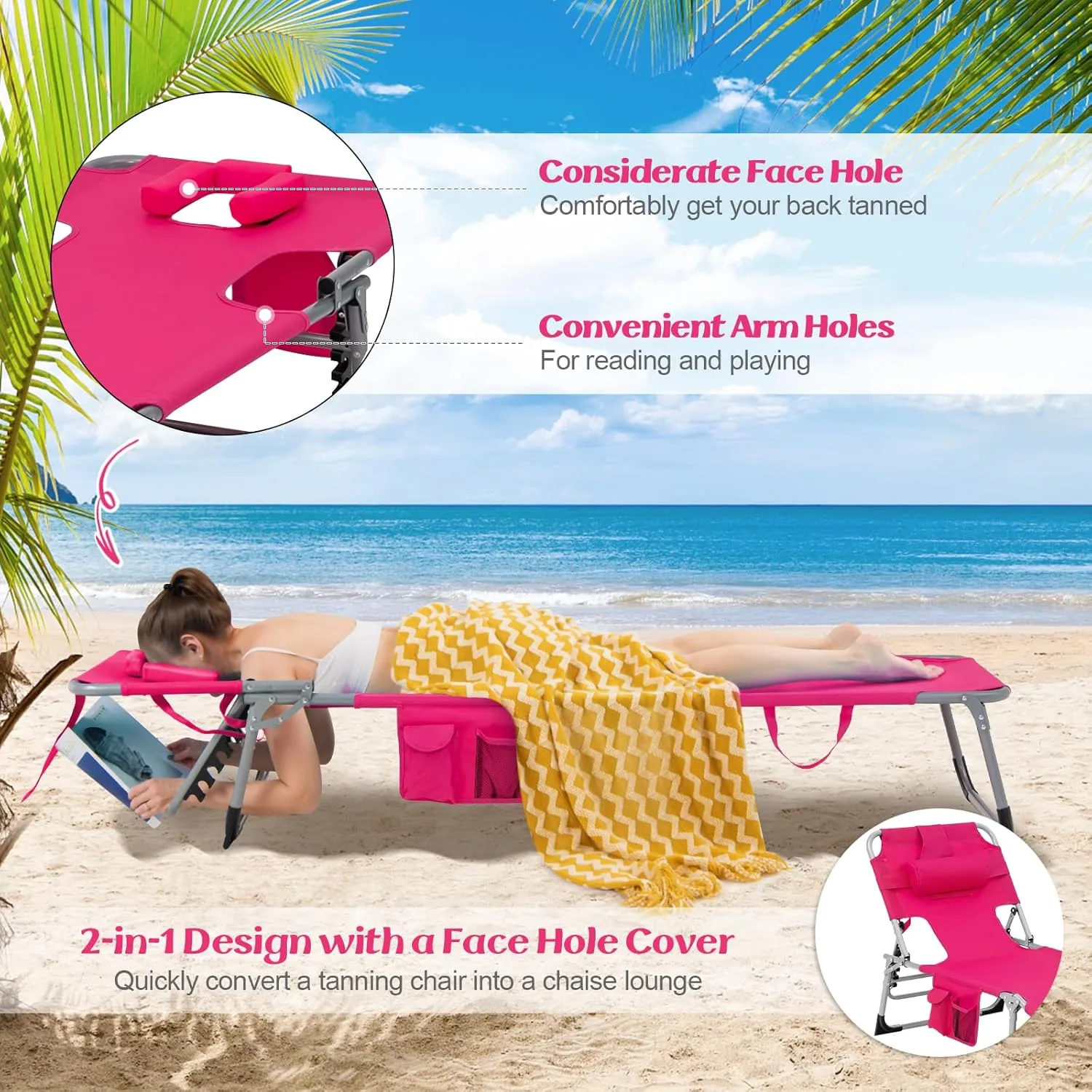 GYMAX Tanning Chair, Folding Lounger with Face/Arm Holes, Carry Handles & Side Pocket, Portable Lightweight Layout Beach Chair for Outdoor/Indoor, Face Down Sun Lounger (1, Pink)