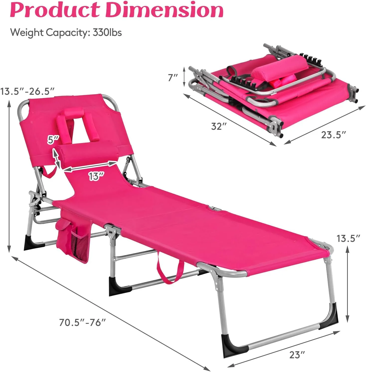 GYMAX Tanning Chair, Folding Lounger with Face/Arm Holes, Carry Handles & Side Pocket, Portable Lightweight Layout Beach Chair for Outdoor/Indoor, Face Down Sun Lounger (1, Pink)