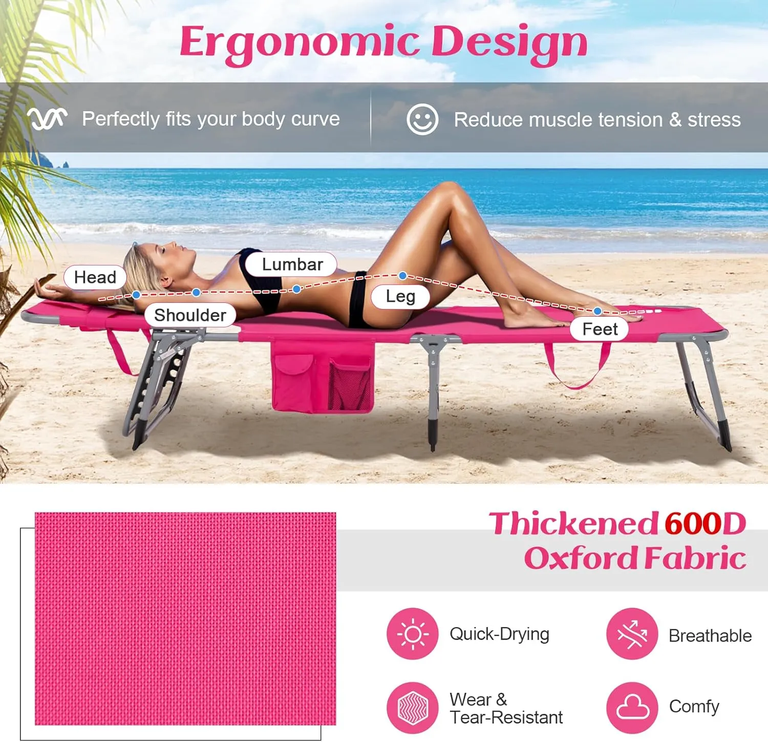 GYMAX Tanning Chair, Folding Lounger with Face/Arm Holes, Carry Handles & Side Pocket, Portable Lightweight Layout Beach Chair for Outdoor/Indoor, Face Down Sun Lounger (1, Pink)