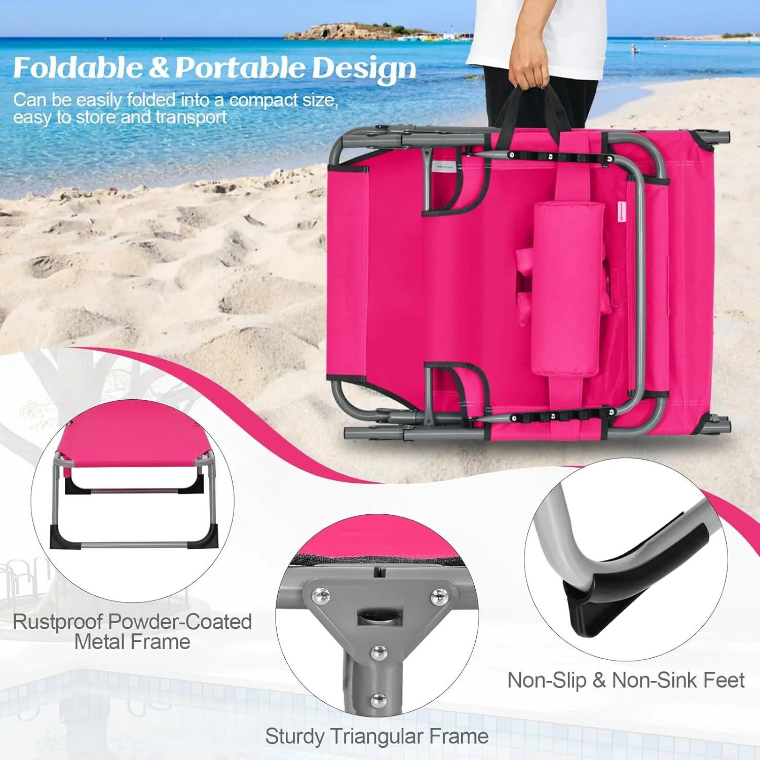 GYMAX Tanning Chair, Folding Lounger with Face/Arm Holes, Carry Handles & Side Pocket, Portable Lightweight Layout Beach Chair for Outdoor/Indoor, Face Down Sun Lounger (1, Pink)