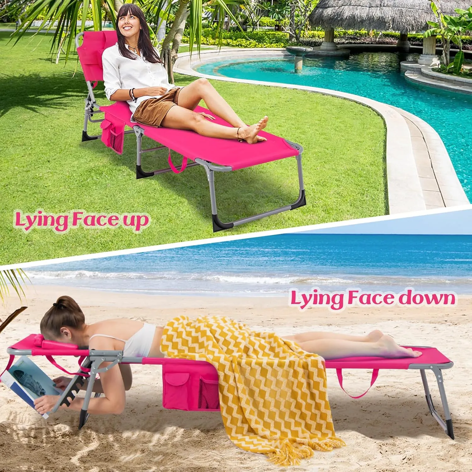 GYMAX Tanning Chair, Folding Lounger with Face/Arm Holes, Carry Handles & Side Pocket, Portable Lightweight Layout Beach Chair for Outdoor/Indoor, Face Down Sun Lounger (1, Pink)