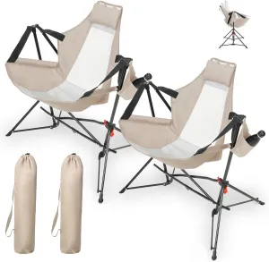 Hammock Folding Camping Chair - Outdoor Portable Swing Camp Chairs Set of 2 with Stand Adults Rocking Swinging Chair for Beach Lawn Patio (Khaki)