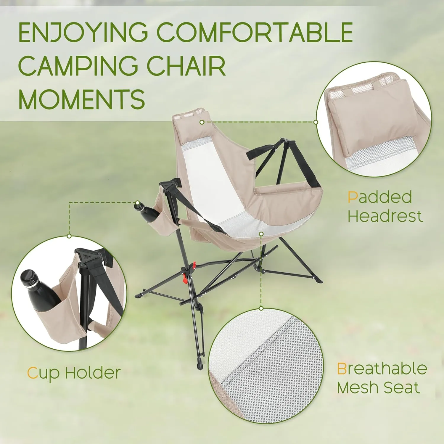Hammock Folding Camping Chair - Outdoor Portable Swing Camp Chairs Set of 2 with Stand Adults Rocking Swinging Chair for Beach Lawn Patio (Khaki)