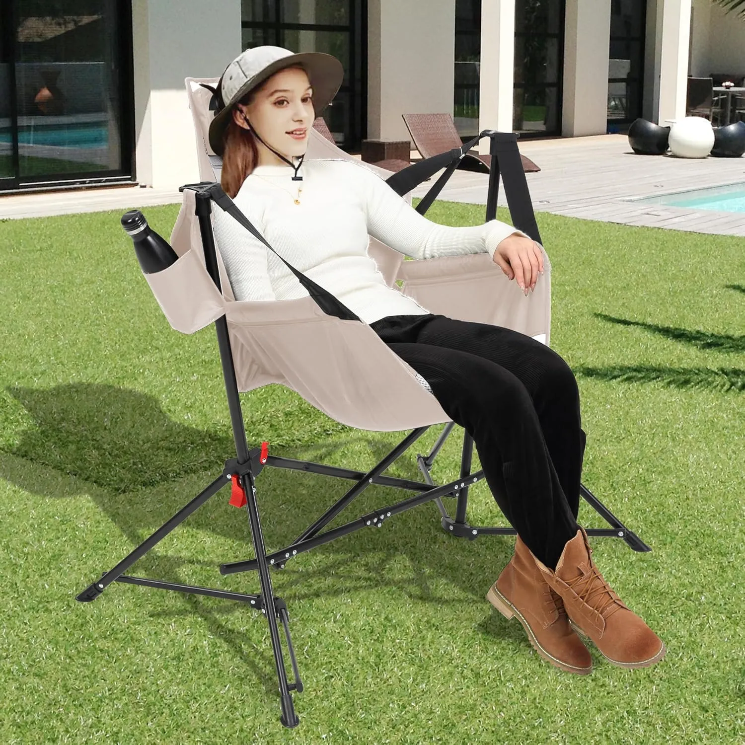 Hammock Folding Camping Chair - Outdoor Portable Swing Camp Chairs Set of 2 with Stand Adults Rocking Swinging Chair for Beach Lawn Patio (Khaki)