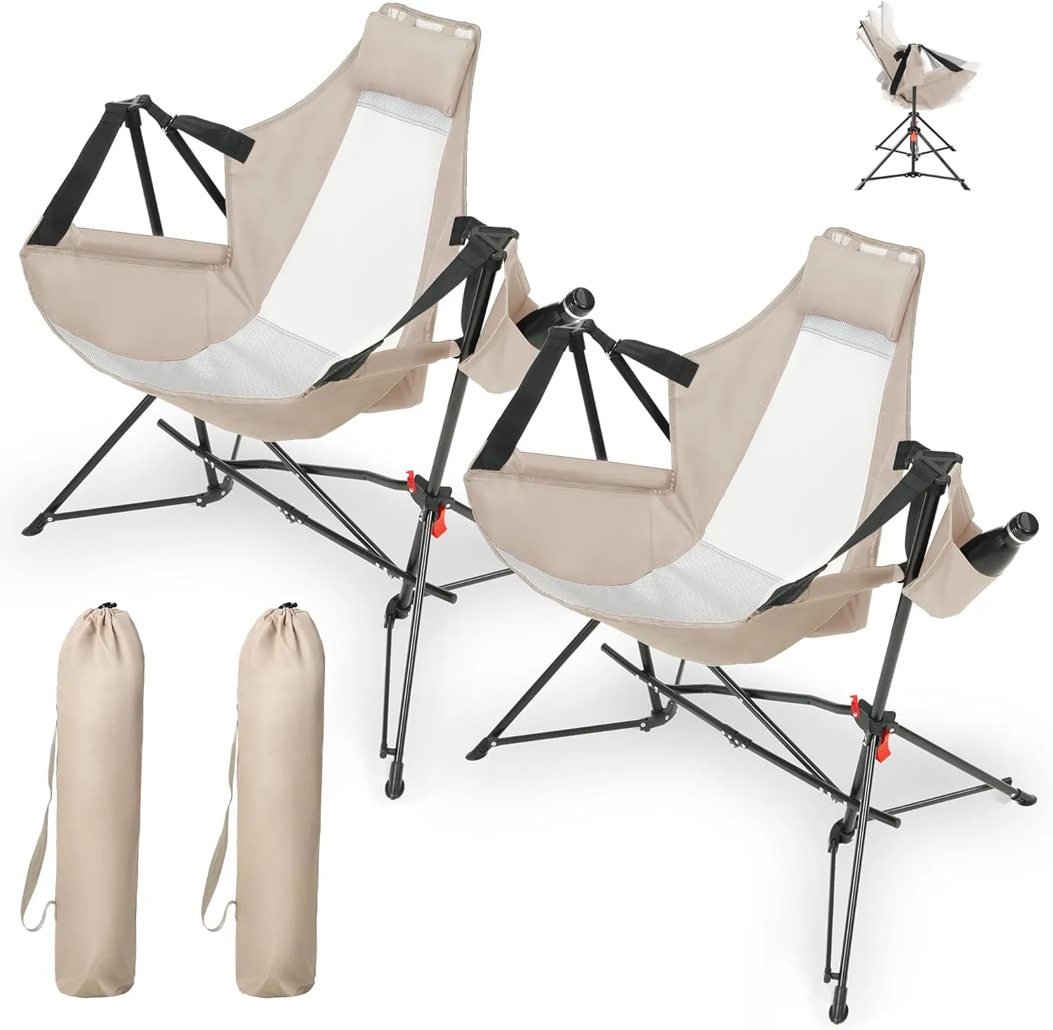 Hammock Folding Camping Chair - Outdoor Portable Swing Camp Chairs Set of 2 with Stand Adults Rocking Swinging Chair for Beach Lawn Patio (Khaki)
