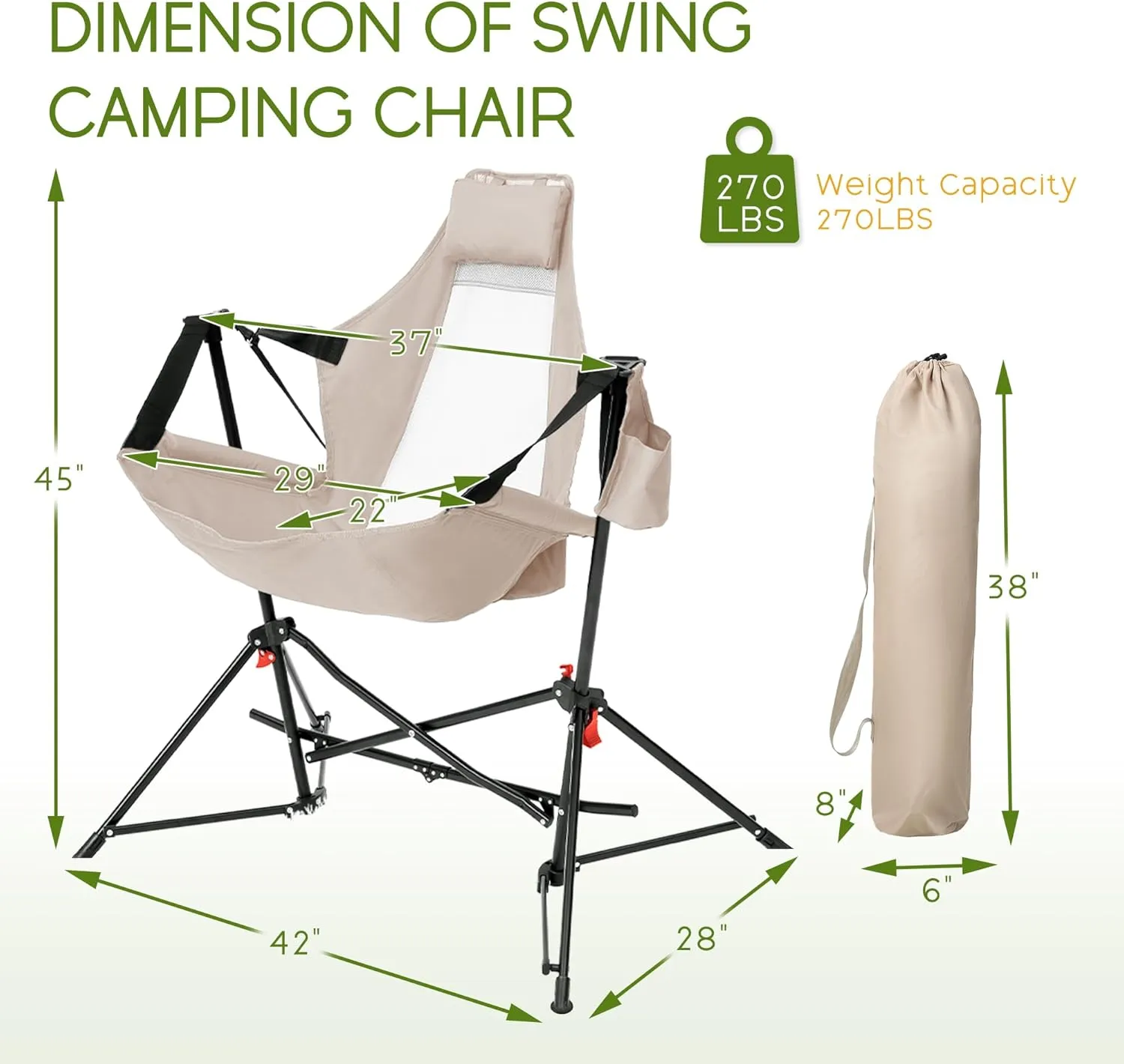 Hammock Folding Camping Chair - Outdoor Portable Swing Camp Chairs Set of 2 with Stand Adults Rocking Swinging Chair for Beach Lawn Patio (Khaki)
