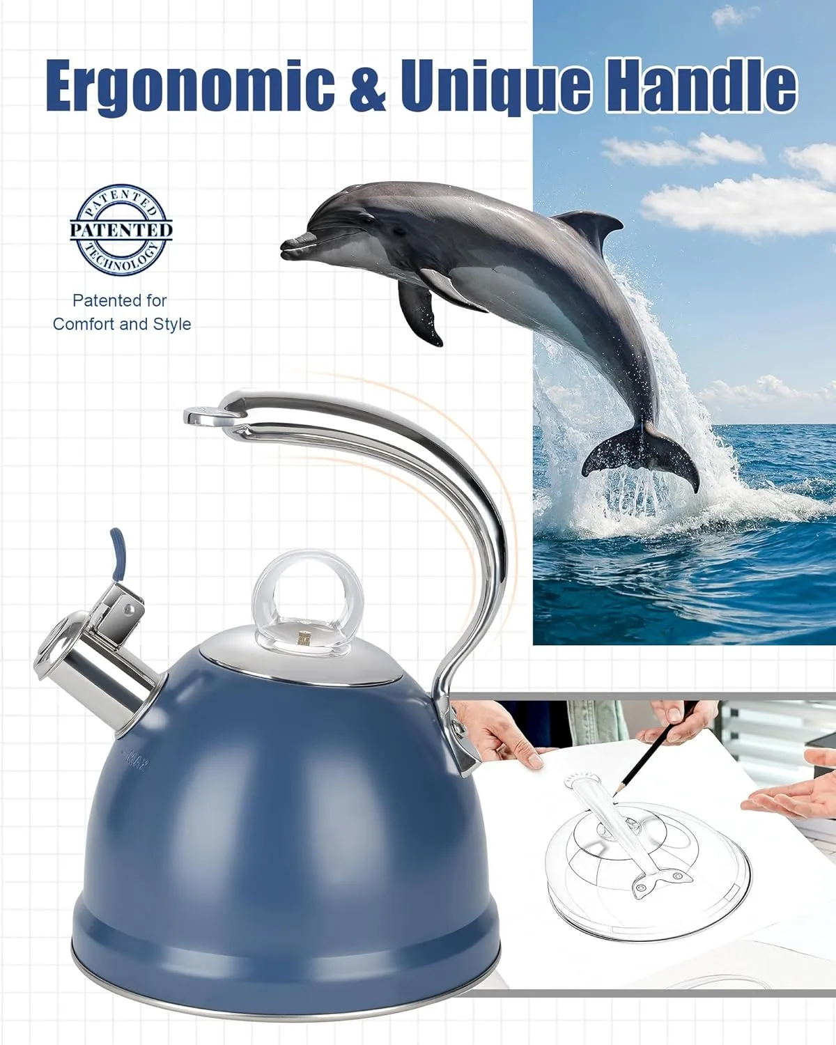 Harriet Tea Kettle for Stove Top, 2.5 Quart Stainless Steel Whistling Tea Pot, 3-Layer Base, Unique Dolphin-Shaped Ergonomic Handle, Includes Pot Holder & Mat, Gas Electric Applicable, Blue