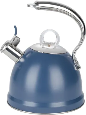 Harriet Tea Kettle for Stove Top, 2.5 Quart Stainless Steel Whistling Tea Pot, 3-Layer Base, Unique Dolphin-Shaped Ergonomic Handle, Includes Pot Holder & Mat, Gas Electric Applicable, Blue