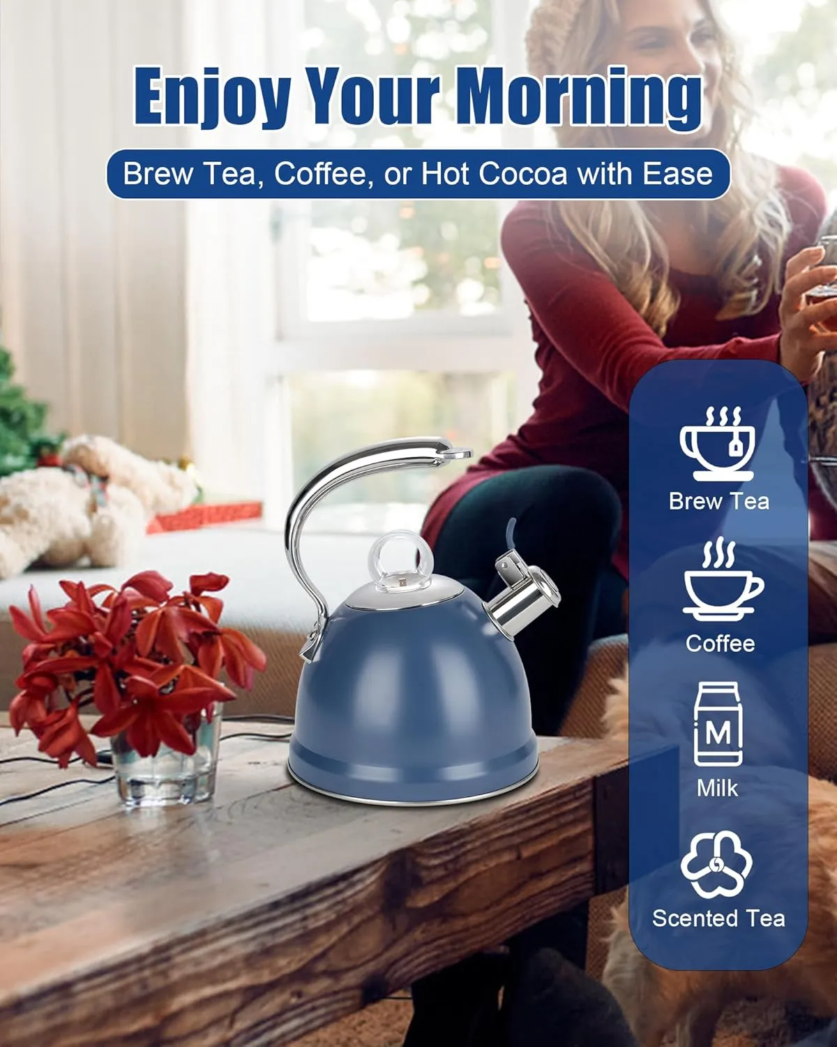 Harriet Tea Kettle for Stove Top, 2.5 Quart Stainless Steel Whistling Tea Pot, 3-Layer Base, Unique Dolphin-Shaped Ergonomic Handle, Includes Pot Holder & Mat, Gas Electric Applicable, Blue