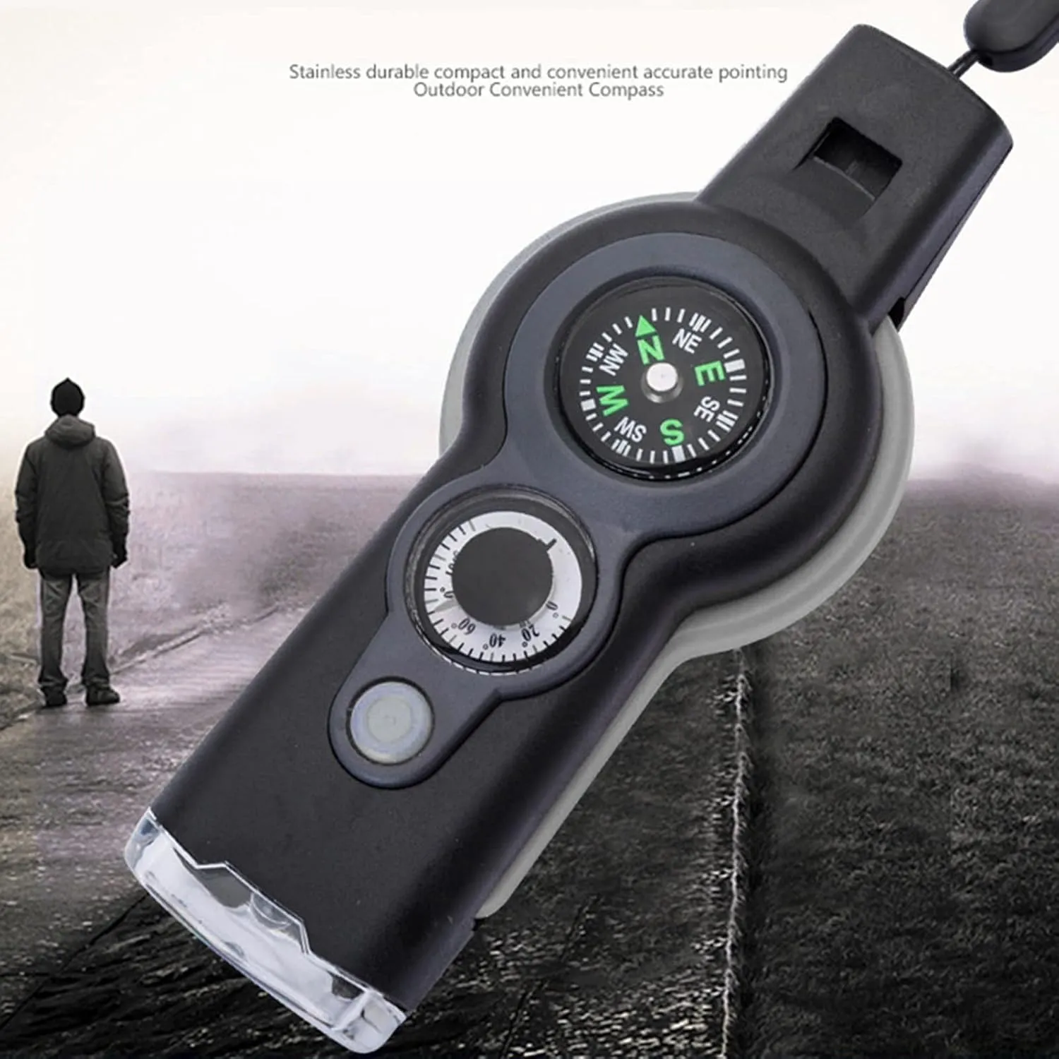 HBJWOV 7 in 1 Emergency Survival Whistle Compass Magnifier Lens LED Signal Lights