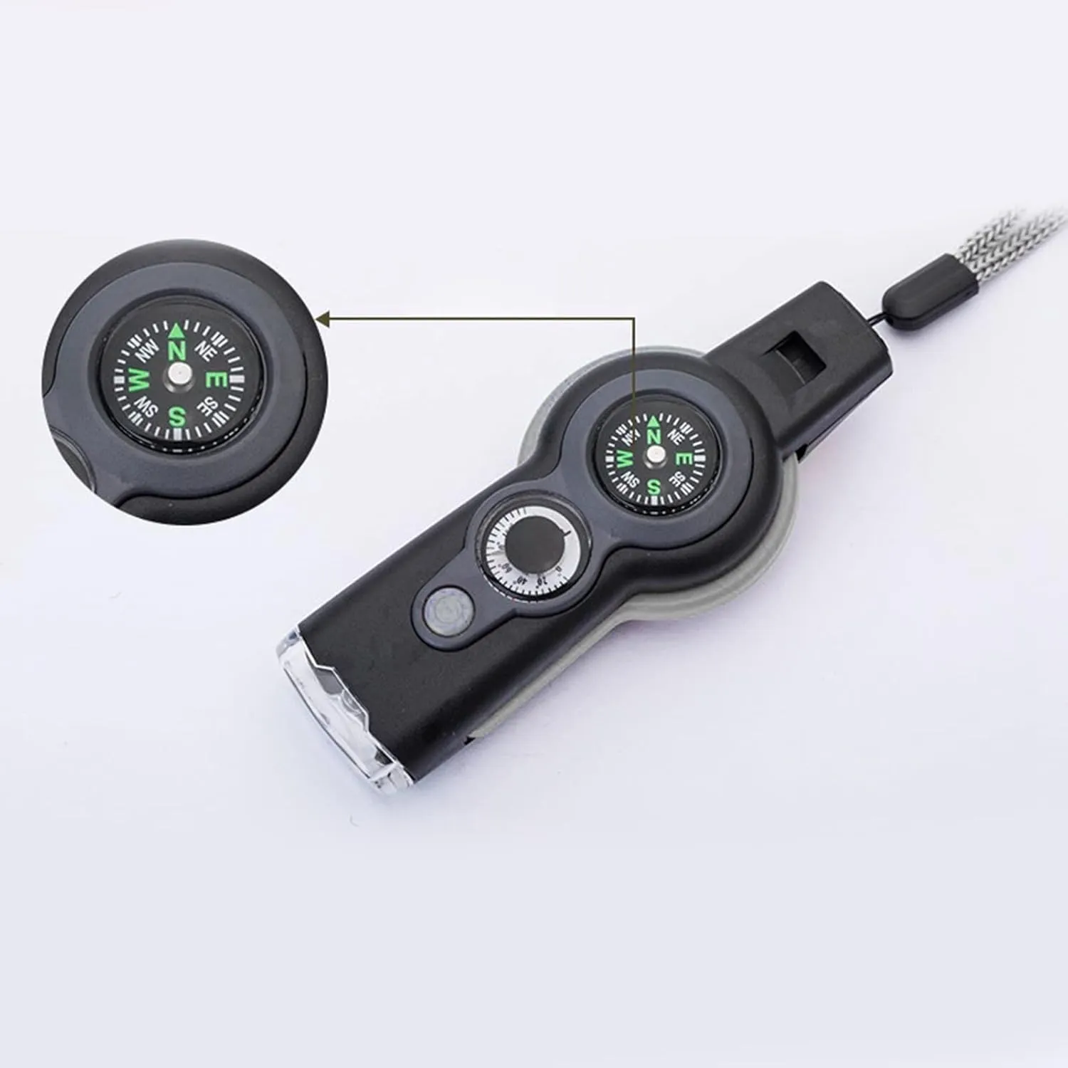HBJWOV 7 in 1 Emergency Survival Whistle Compass Magnifier Lens LED Signal Lights