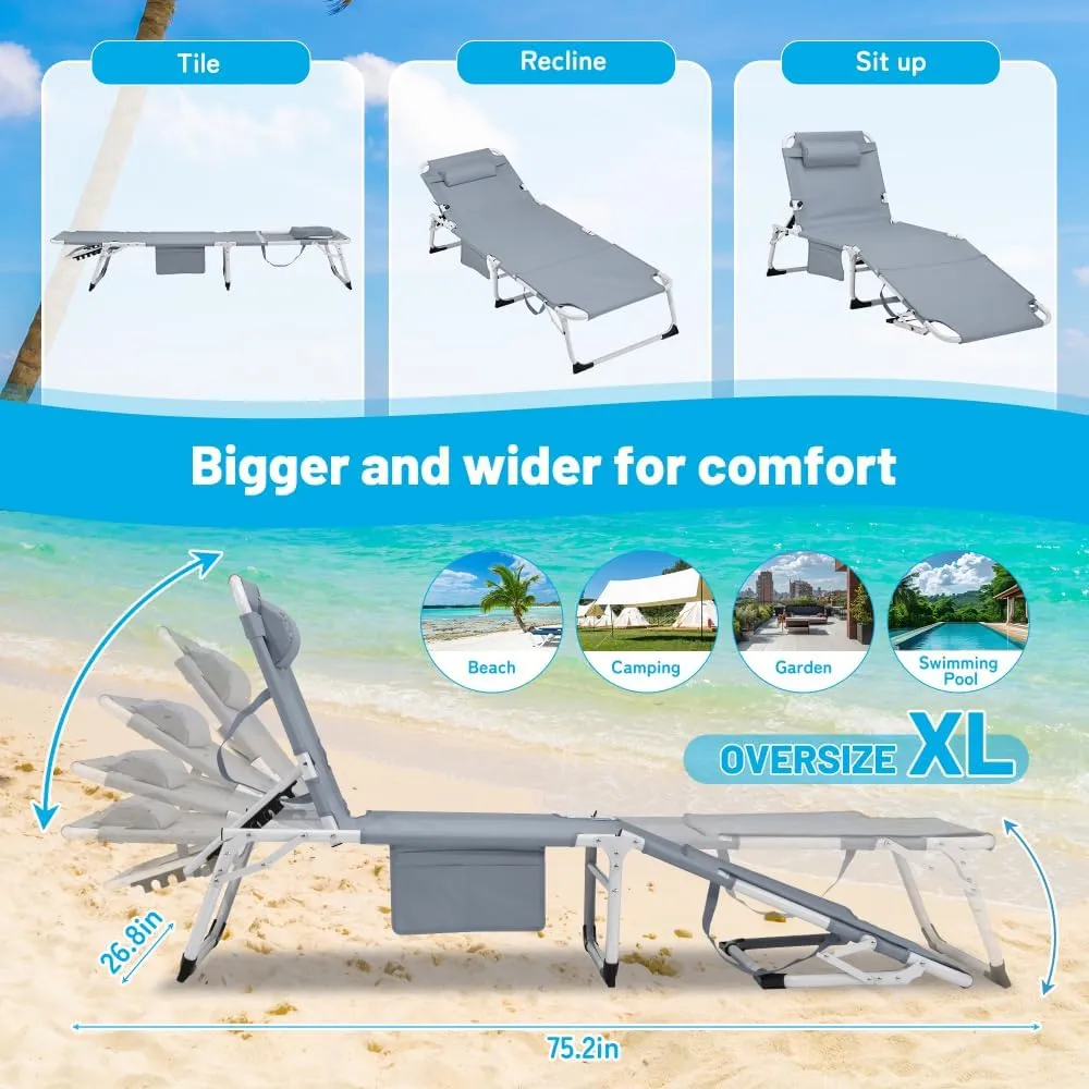 Heavy Duty Sun Lounger with Face, 5-Position Adjustable Folding Lounge Chair for Outdoor Portable Flat Beach Lounger for Outdoor Sunbathing, Patio Pools, Lawn Camping, Decks.(Grey)