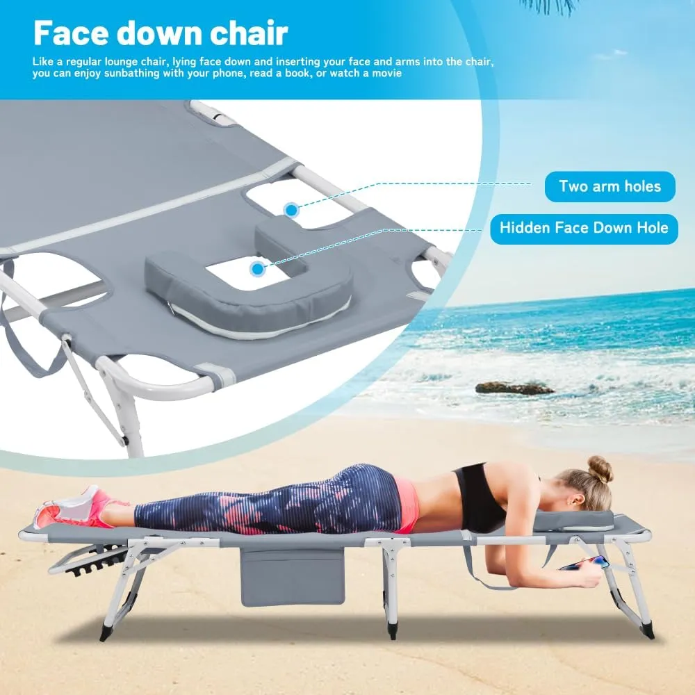 Heavy Duty Sun Lounger with Face, 5-Position Adjustable Folding Lounge Chair for Outdoor Portable Flat Beach Lounger for Outdoor Sunbathing, Patio Pools, Lawn Camping, Decks.(Grey)