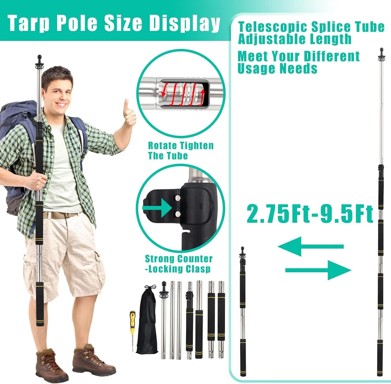Heavy Duty Telescoping Canopy Poles, 2.75 to 9.5Ft - Stainless Steel Tubes, Sponge Long Handle, For Shade Cloth Poles & Sails