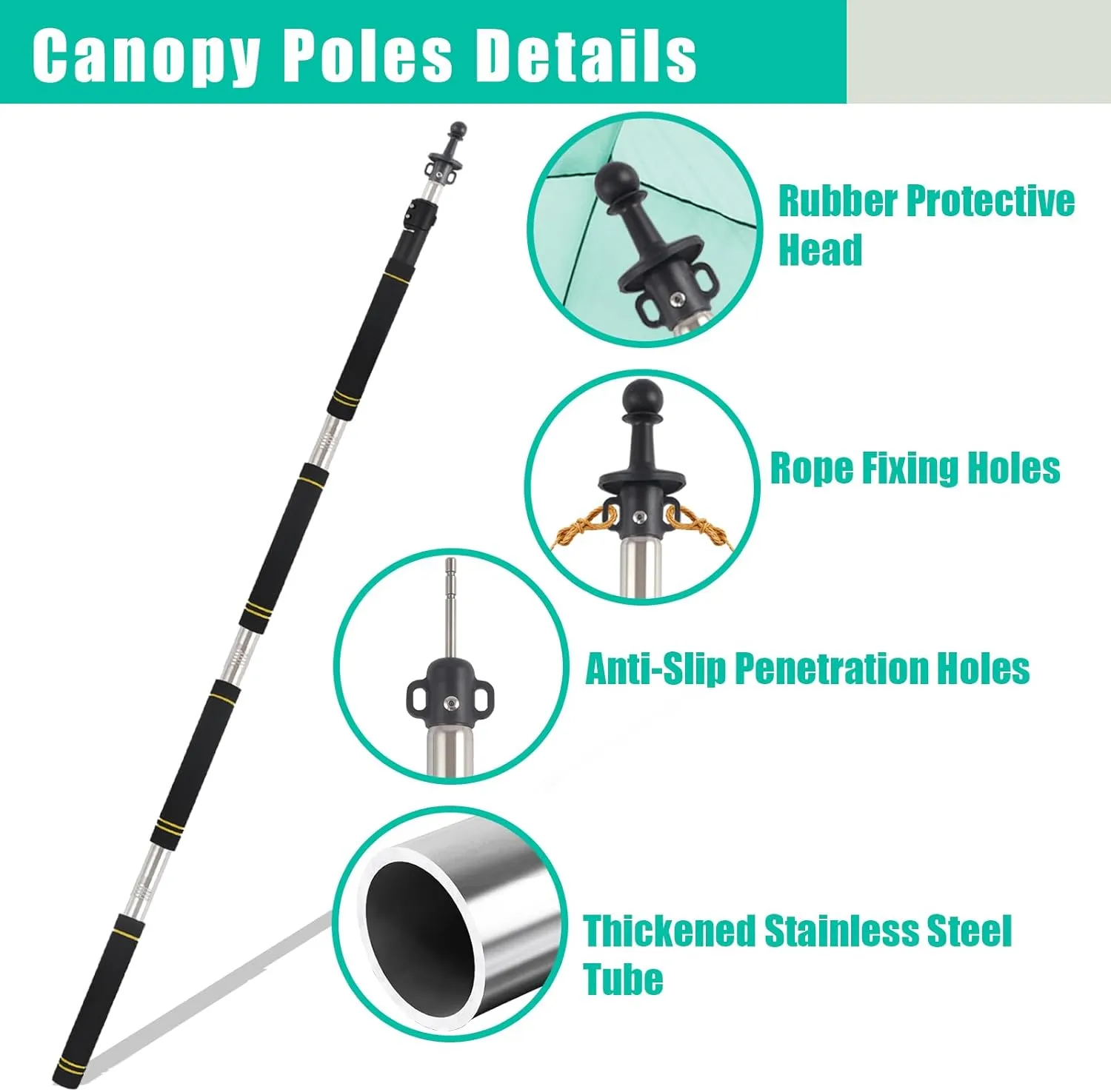 Heavy Duty Telescoping Canopy Poles, 2.75 to 9.5Ft - Stainless Steel Tubes, Sponge Long Handle, For Shade Cloth Poles & Sails