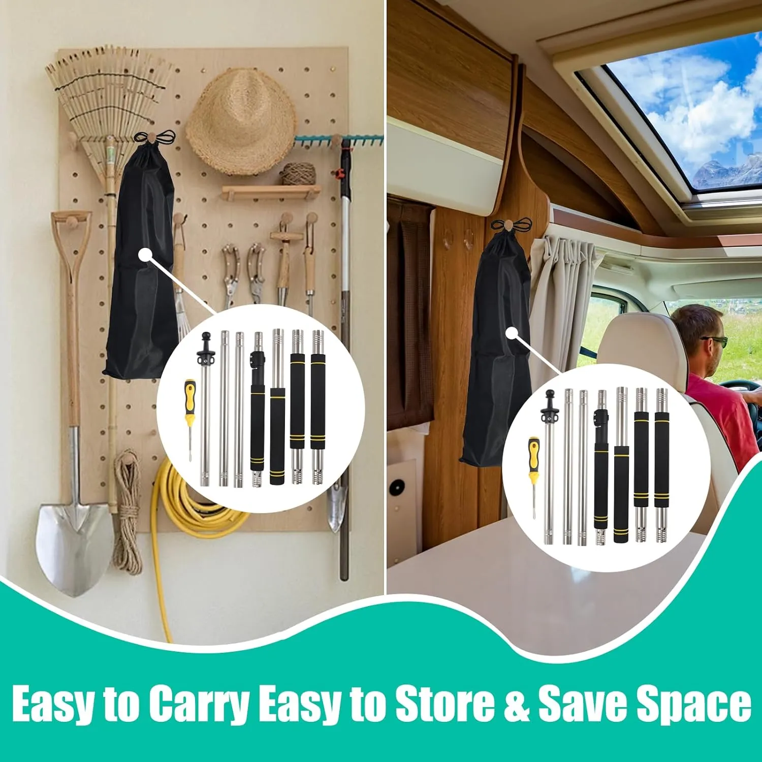 Heavy Duty Telescoping Canopy Poles, 2.75 to 9.5Ft - Stainless Steel Tubes, Sponge Long Handle, For Shade Cloth Poles & Sails