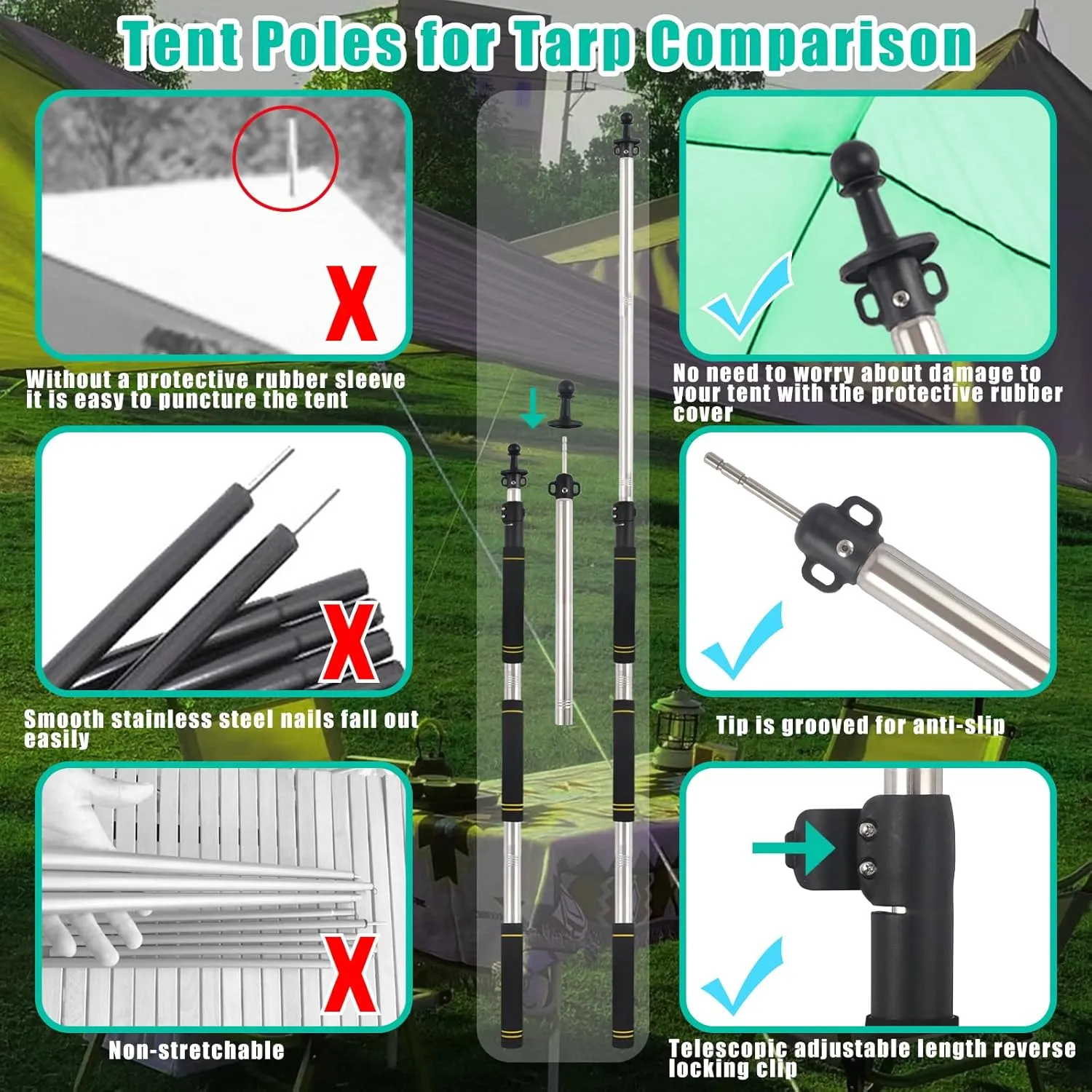 Heavy Duty Telescoping Canopy Poles, 2.75 to 9.5Ft - Stainless Steel Tubes, Sponge Long Handle, For Shade Cloth Poles & Sails