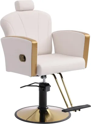Height Adjustable Salon Chair for Hair Sylist, Reclining Salon Hair Chairs, Hydraulic Barber Chair, 360 Degree Swivel Shampoo Chairset for Barbershop (Milky White-Golden)