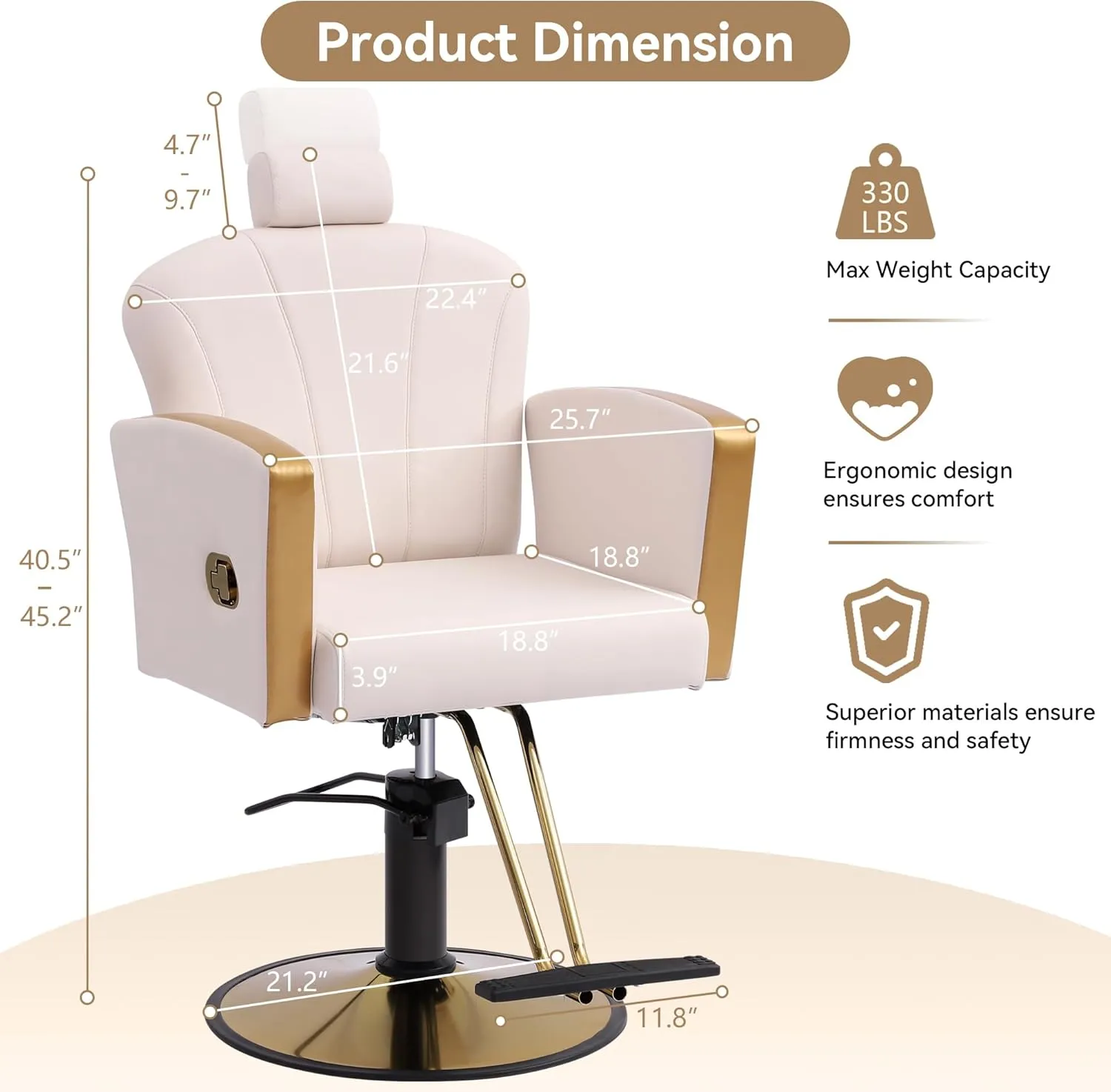 Height Adjustable Salon Chair for Hair Sylist, Reclining Salon Hair Chairs, Hydraulic Barber Chair, 360 Degree Swivel Shampoo Chairset for Barbershop (Milky White-Golden)
