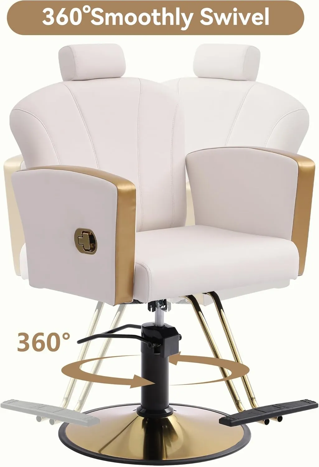 Height Adjustable Salon Chair for Hair Sylist, Reclining Salon Hair Chairs, Hydraulic Barber Chair, 360 Degree Swivel Shampoo Chairset for Barbershop (Milky White-Golden)