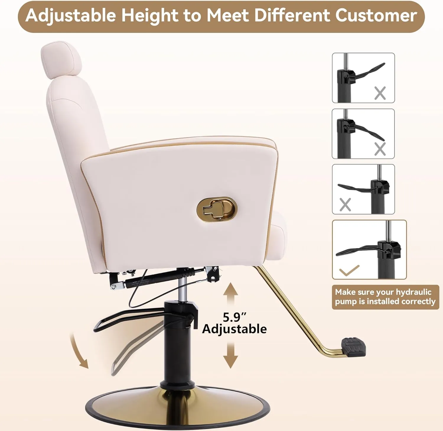 Height Adjustable Salon Chair for Hair Sylist, Reclining Salon Hair Chairs, Hydraulic Barber Chair, 360 Degree Swivel Shampoo Chairset for Barbershop (Milky White-Golden)
