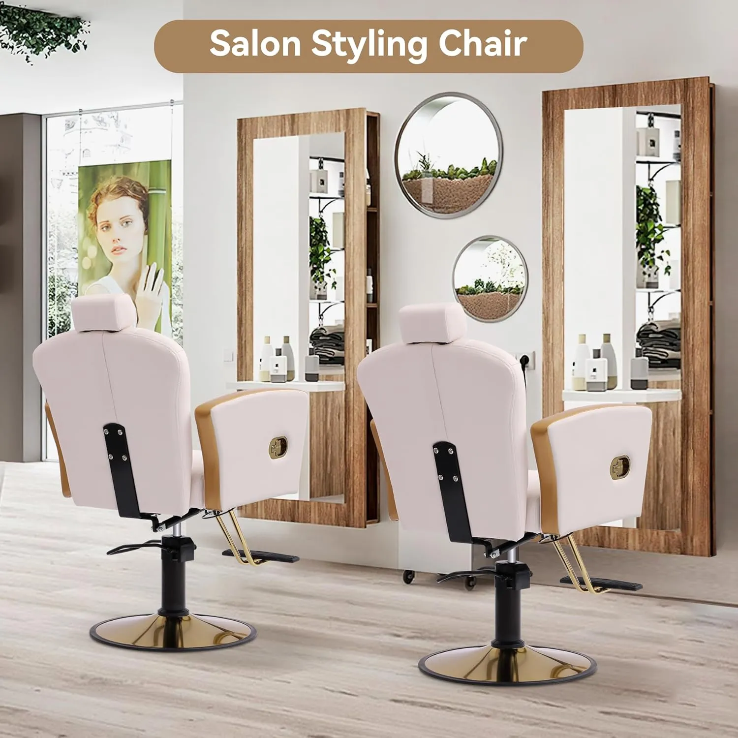 Height Adjustable Salon Chair for Hair Sylist, Reclining Salon Hair Chairs, Hydraulic Barber Chair, 360 Degree Swivel Shampoo Chairset for Barbershop (Milky White-Golden)