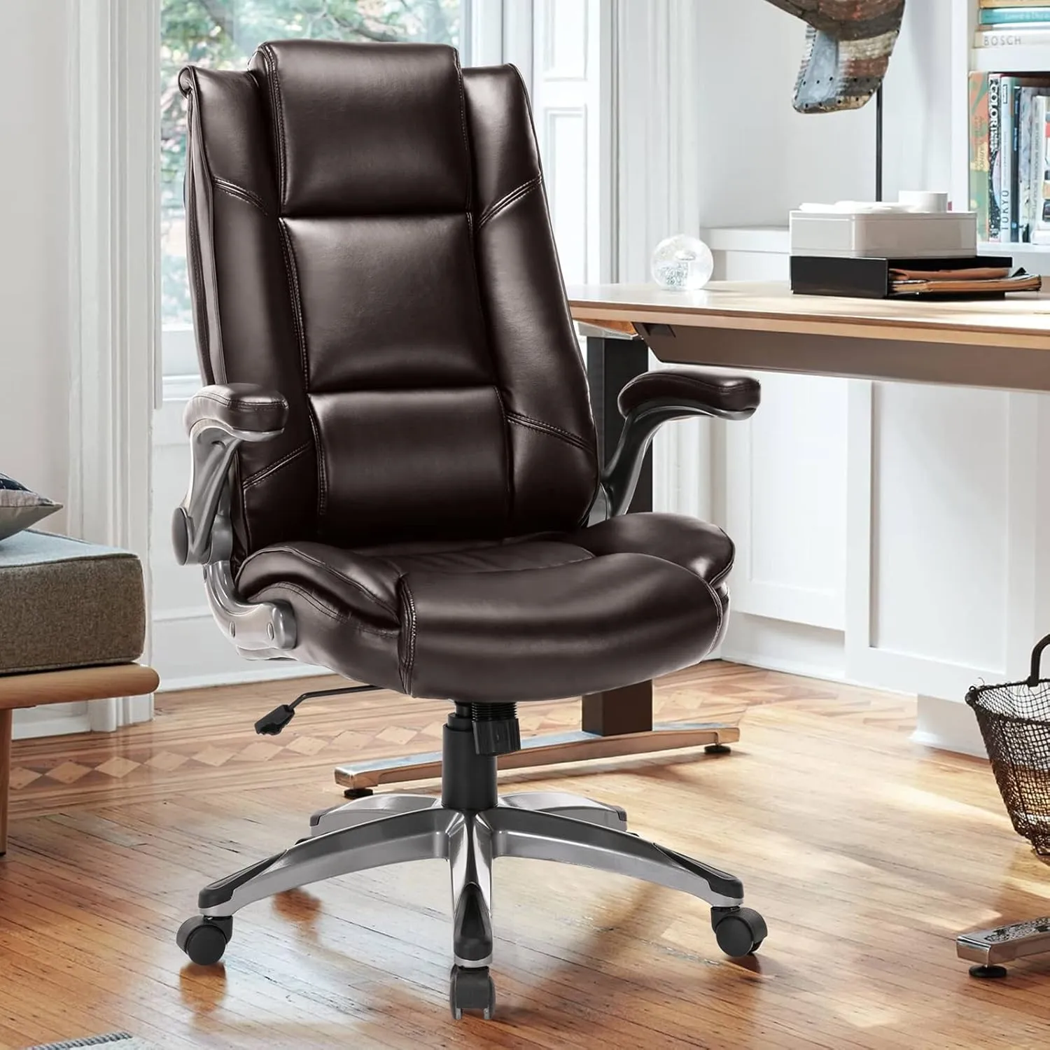 High Back Executive Office Chair-Ergonomic Bonded Leather Computer Chair with Flip-up Arms, Adjustable Tilt Tension, Padded Armrests, Swivel Rolling Home Office Desk Chair-Brown,300lbs