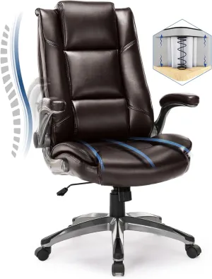 High Back Executive Office Chair-Ergonomic Bonded Leather Computer Chair with Flip-up Arms, Adjustable Tilt Tension, Padded Armrests, Swivel Rolling Home Office Desk Chair-Brown,300lbs